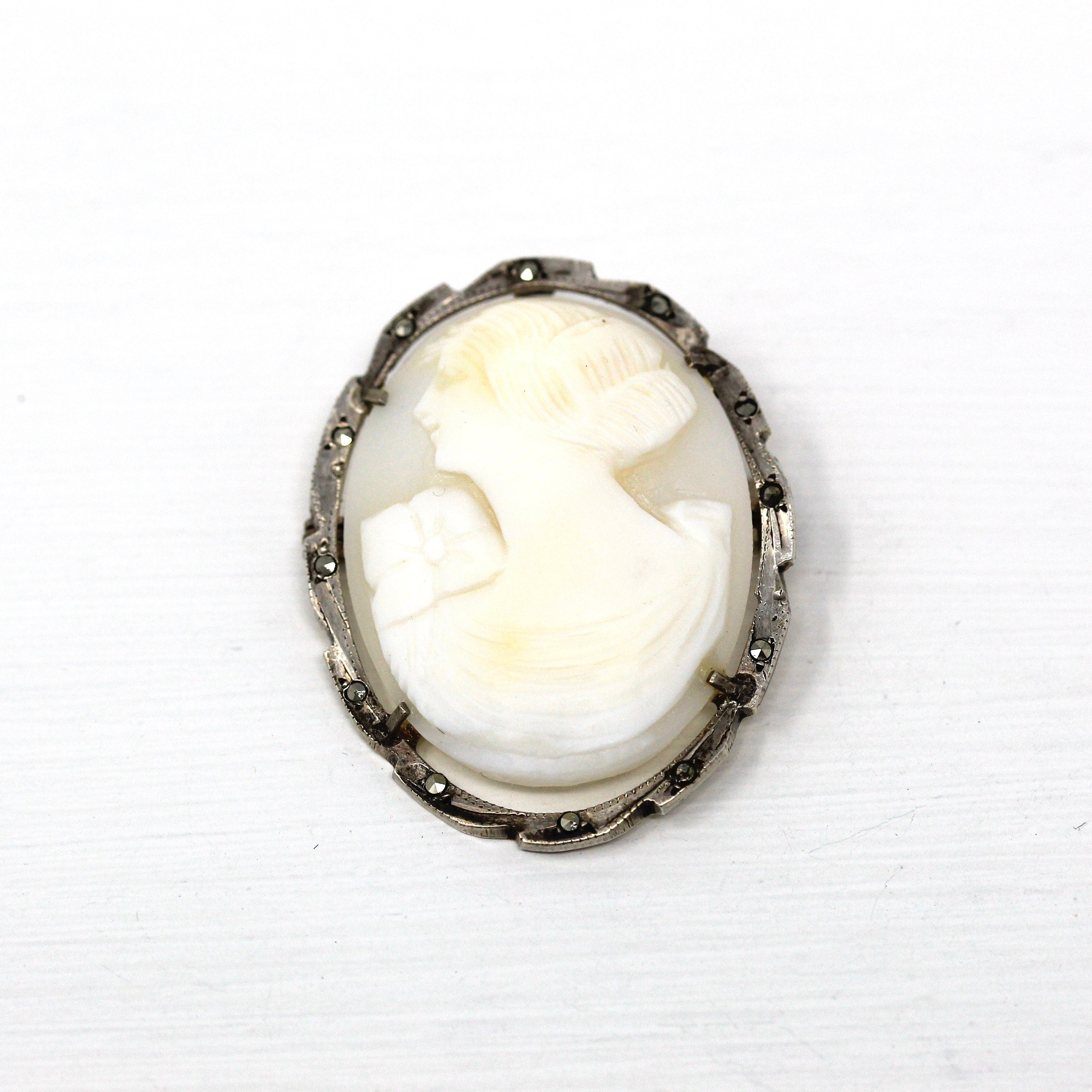 Vintage Antique 800 Silver Carved outlet Shell Cameo Brooch Pendant