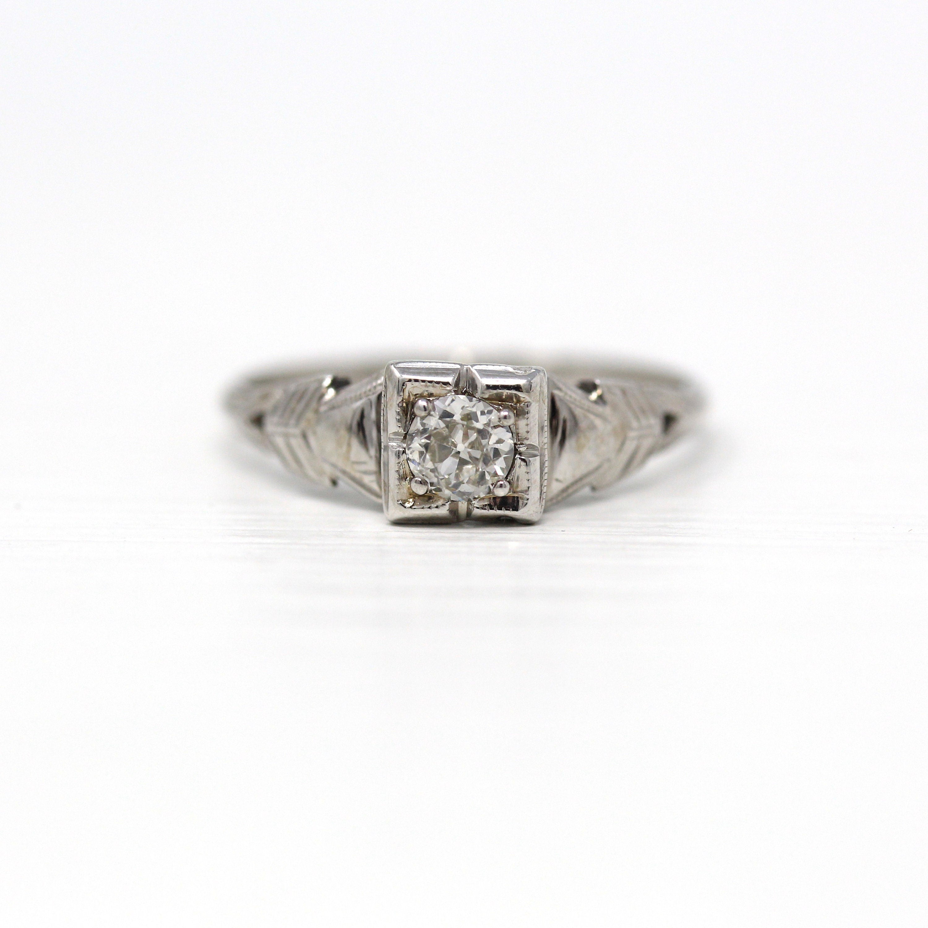 Old European Cut Diamond sold Art Deco Ring, Milgrain Vintage Ring, 14k white Gold Five Stone Ring, Estate Ring size 7, Navette Ring, circa 1920