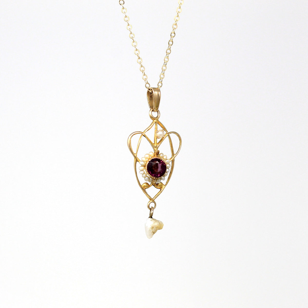 Antique Lavalier Necklace Edwardian Era Gold Filled Simulated Ruby