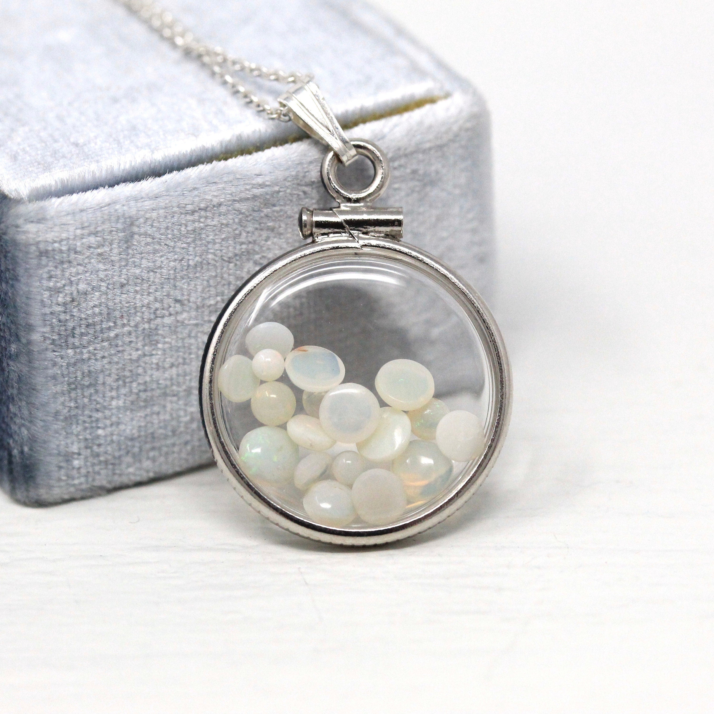 Opal Shaker Locket - Handcrafted Sterling Silver Lucite Clear Pendant Necklace Charm - October Birthstone Genuine 1.5 CTW Gemstones Jewelry