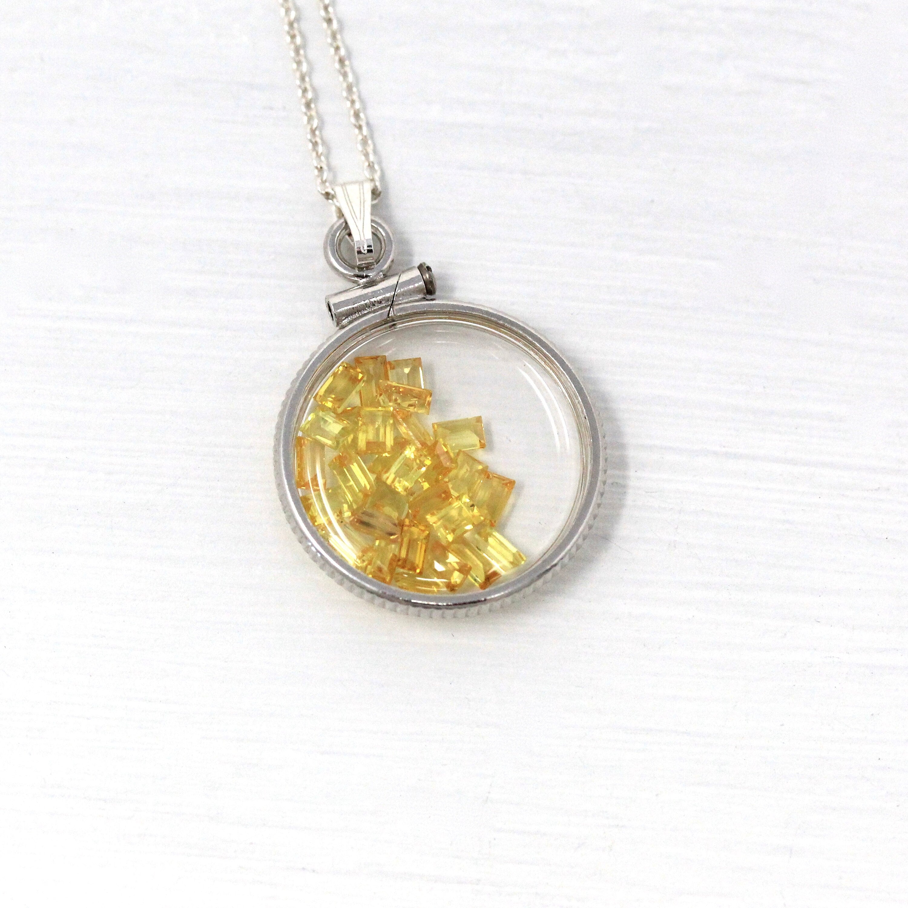 Yellow Sapphire Shaker Locket - Handcrafted Sterling Silver Lucite Genuine 2.5 CTW Gemstones Pendant - Fancy Baguette Cut Necklace Jewelry