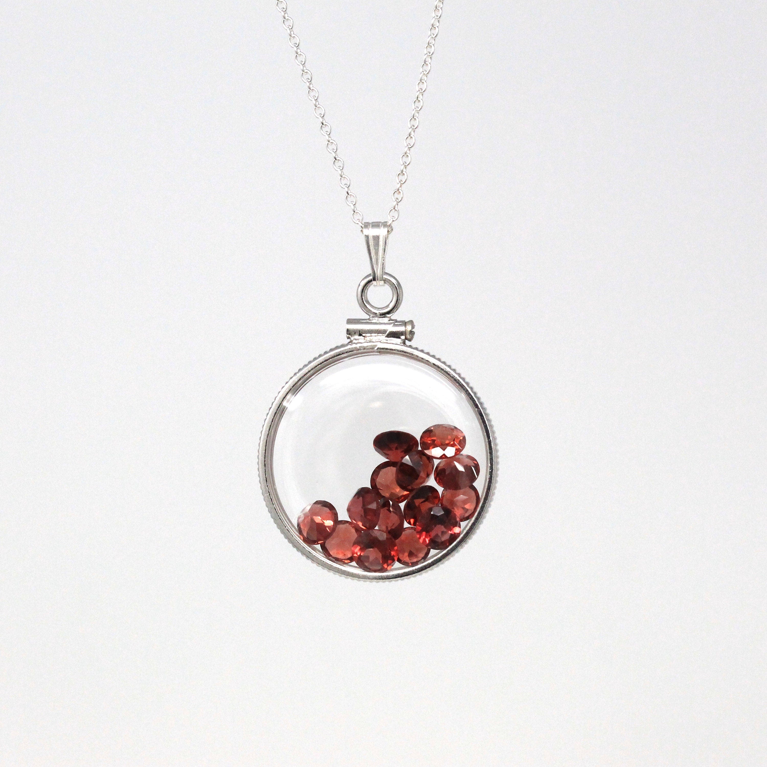 Garnet Shaker Locket - Handcrafted Sterling Silver Lucite Pendant Necklace Charm - Genuine 4 mm 4 CTW Round Faceted Red Gemstones Jewelry