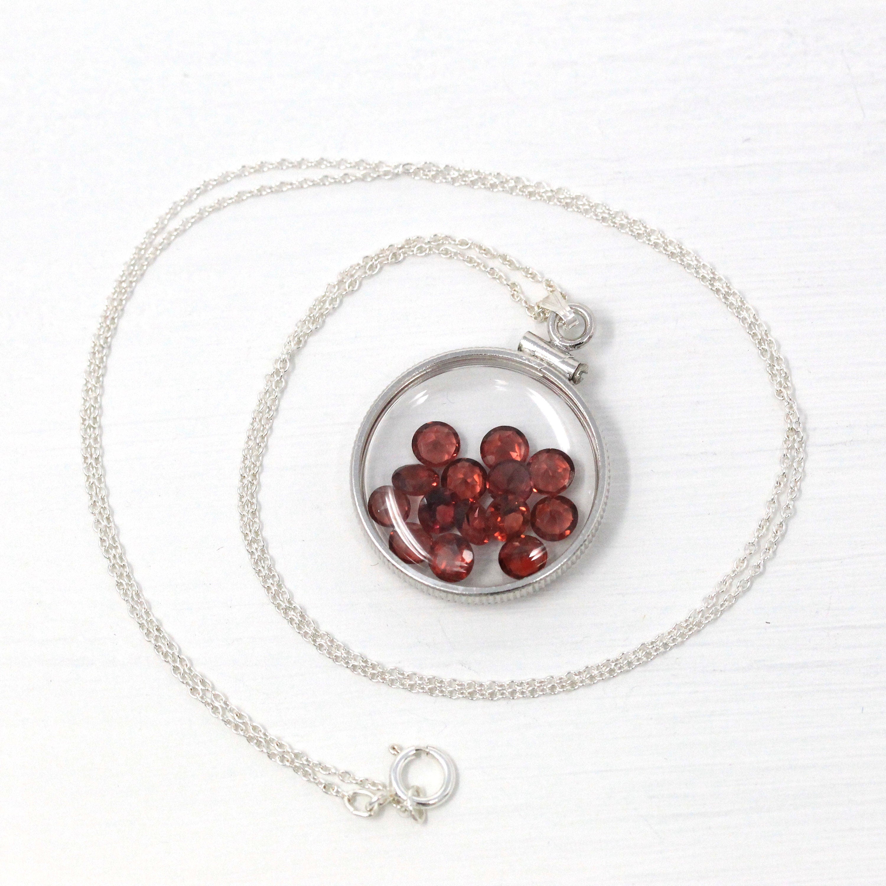 Garnet Shaker Locket - Handcrafted Sterling Silver Lucite Pendant Necklace Charm - Genuine 4 mm 4 CTW Round Faceted Red Gemstones Jewelry