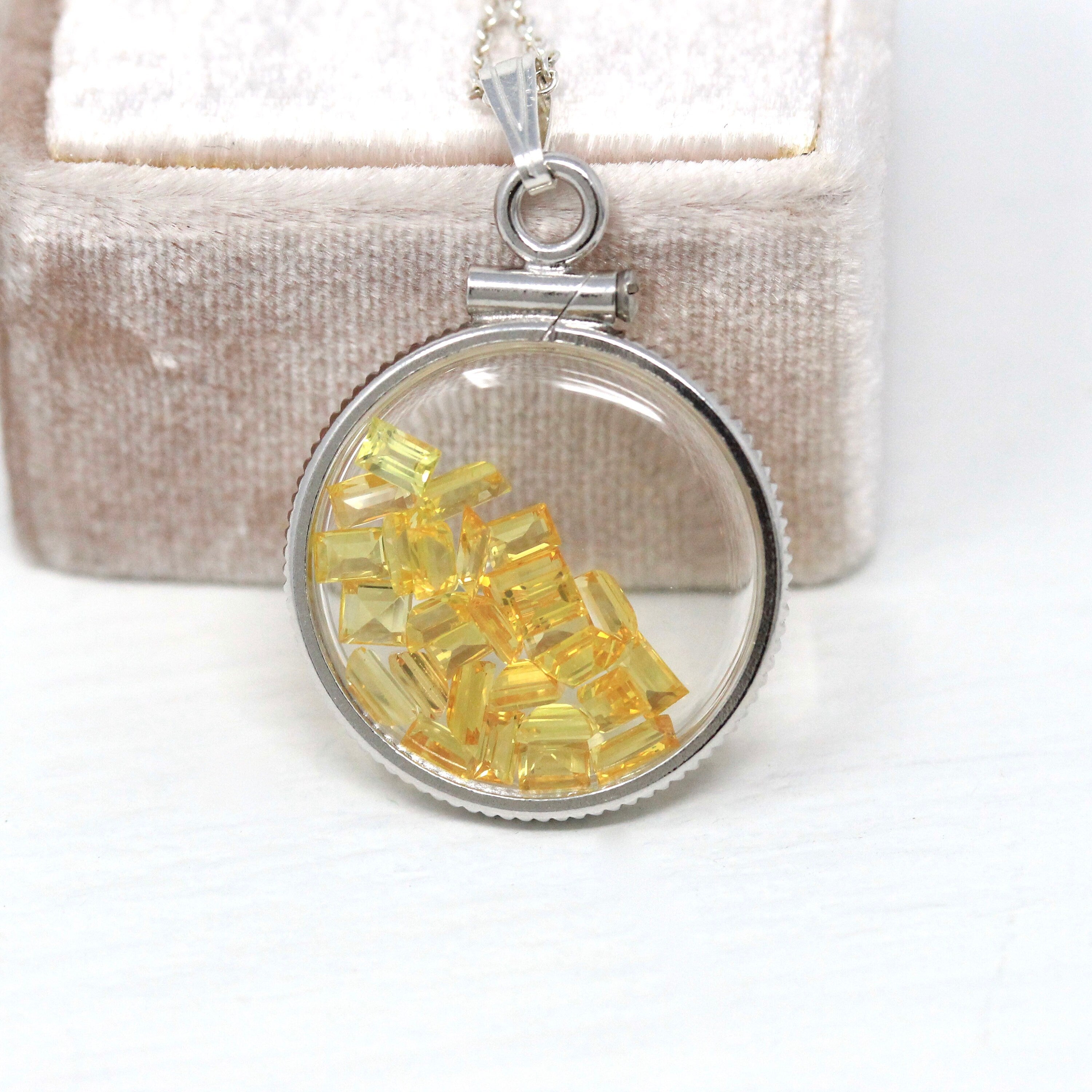 Yellow Sapphire Shaker Locket - Handcrafted Sterling Silver Lucite Genuine 2.5 CTW Gemstones Pendant - Fancy Baguette Cut Necklace Jewelry