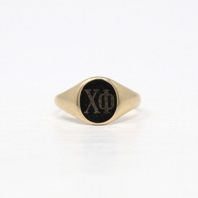 Sale - Vintage Chi Phi Ring - 14k Yellow Gold Black Enamel Signet Statement - 1940s Size 4 1/4 Fraternal Greek Letters ΧΦ Symbolic Jewelry