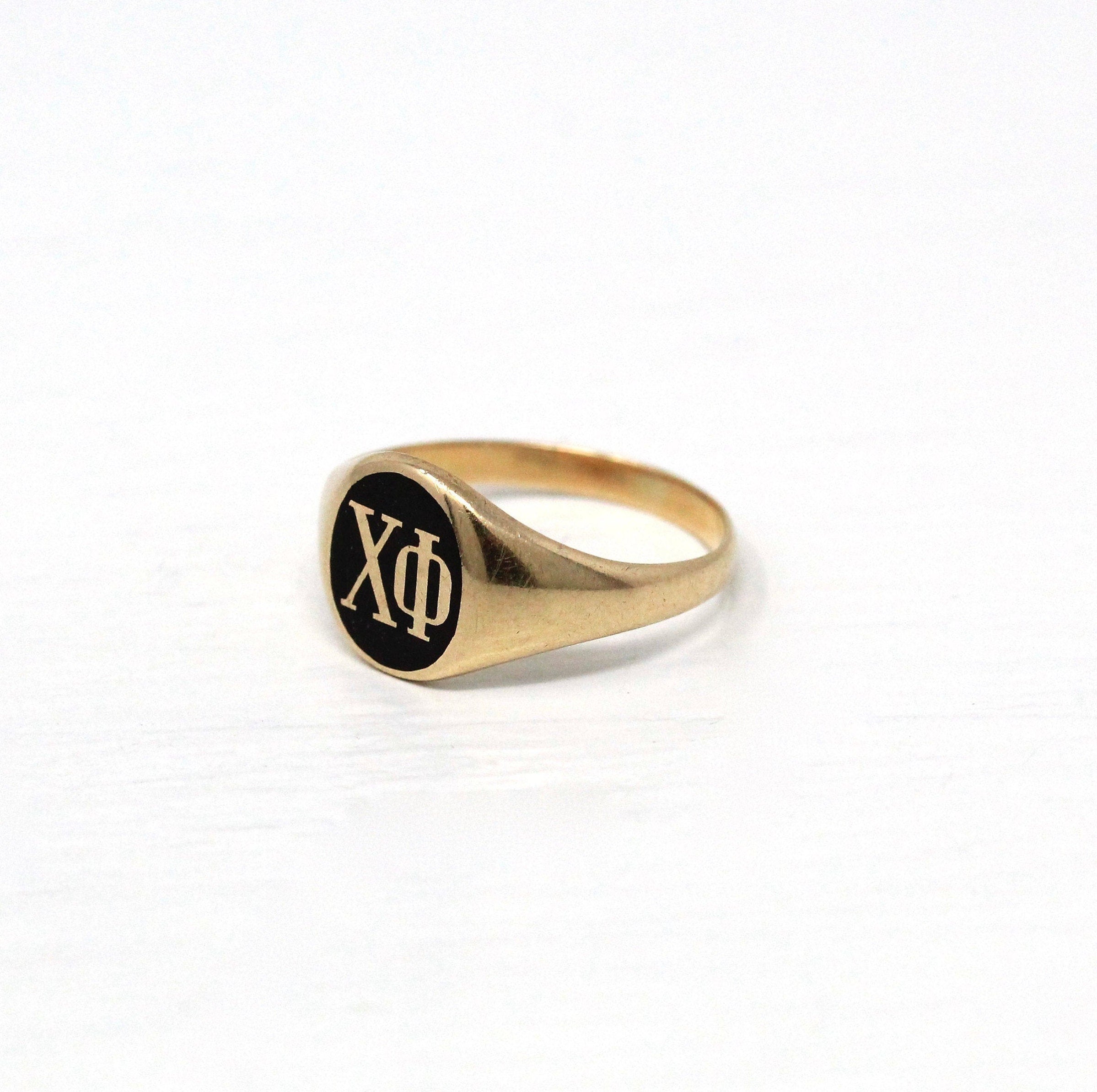 Sale - Vintage Chi Phi Ring - 14k Yellow Gold Black Enamel Signet Statement - 1940s Size 4 1/4 Fraternal Greek Letters ΧΦ Symbolic Jewelry