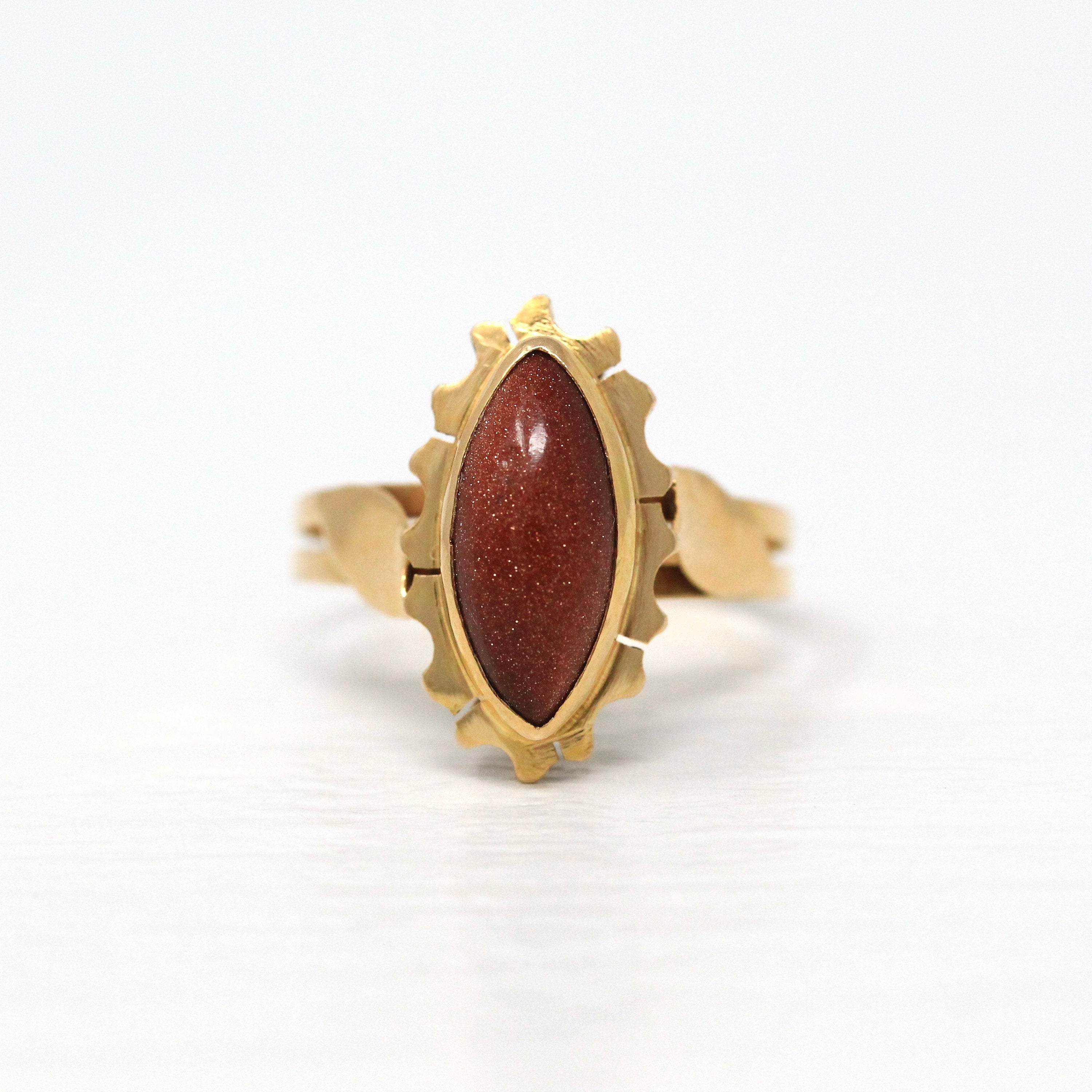 Sale - Vintage Goldstone Ring - Retro 14k Yellow Gold Marquise Cabochon Flower Statement - Circa 1940s Size 7 3/4 Floral 40s Fine Jewelry