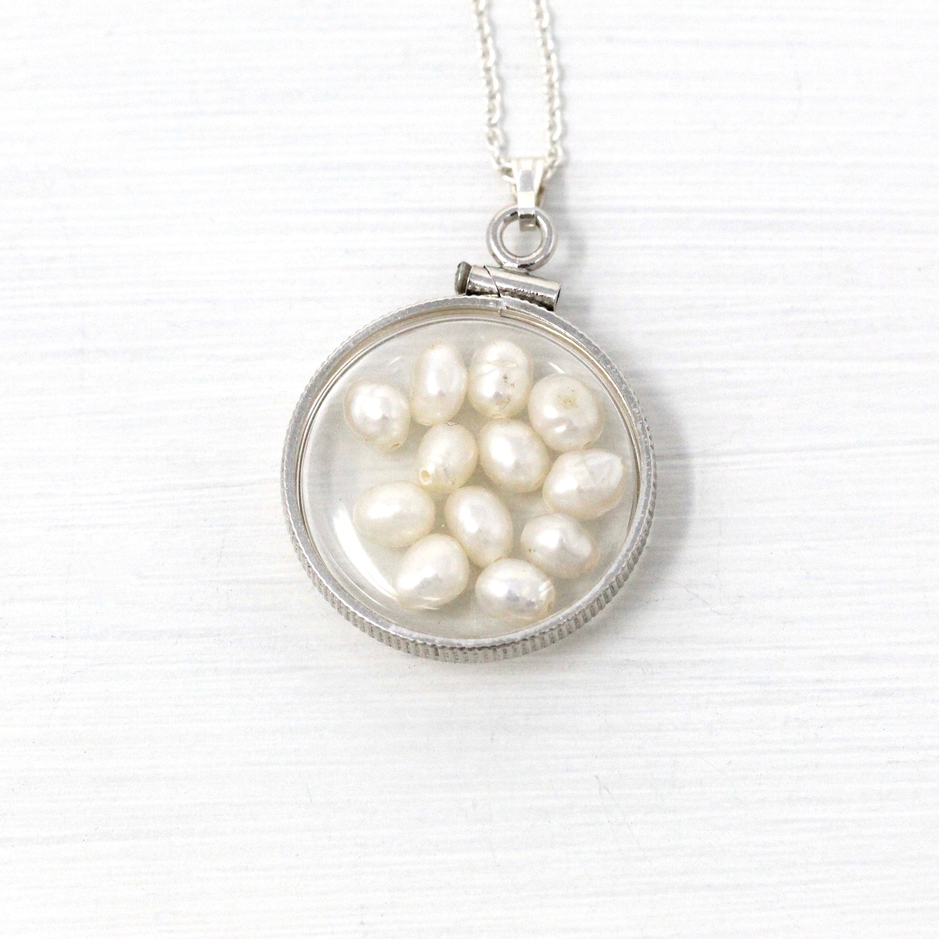 Baroque Pearl Shaker Locket - Handcrafted Sterling Silver Lucite Pendant Necklace Charm - June Birthstone Coin Bezel Nickel Sized Jewelry