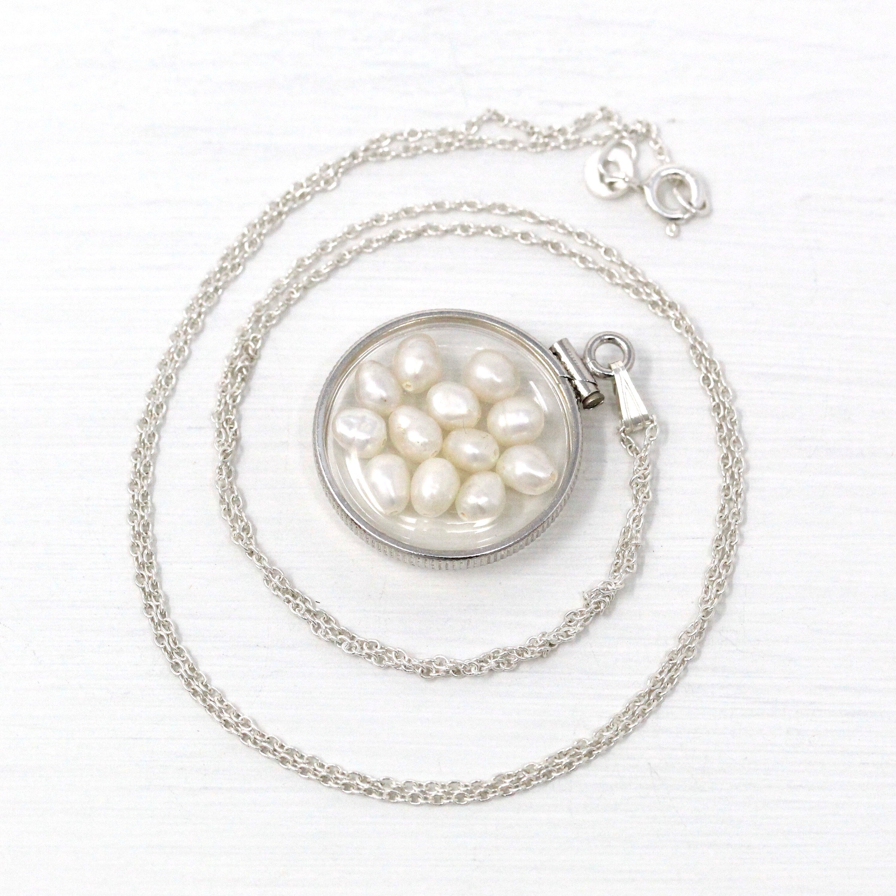 Baroque Pearl Shaker Locket - Handcrafted Sterling Silver Lucite Pendant Necklace Charm - June Birthstone Coin Bezel Nickel Sized Jewelry