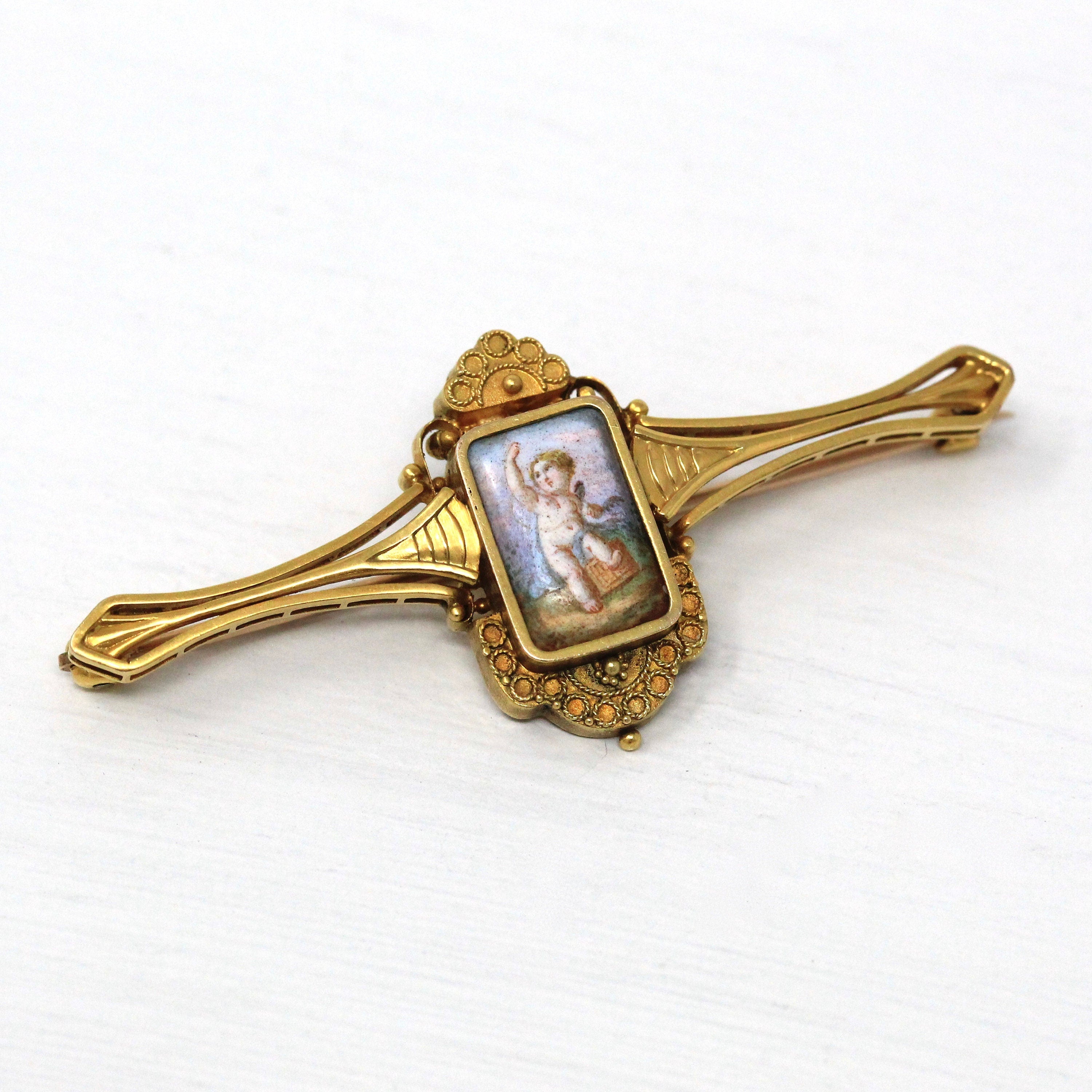 Sale - Antique Cherub Brooch - Victorian 14k Yellow Gold Hand Painted Portrait Miniature Angel Pin - 1890s Era Etruscan Revival Fine Jewelry