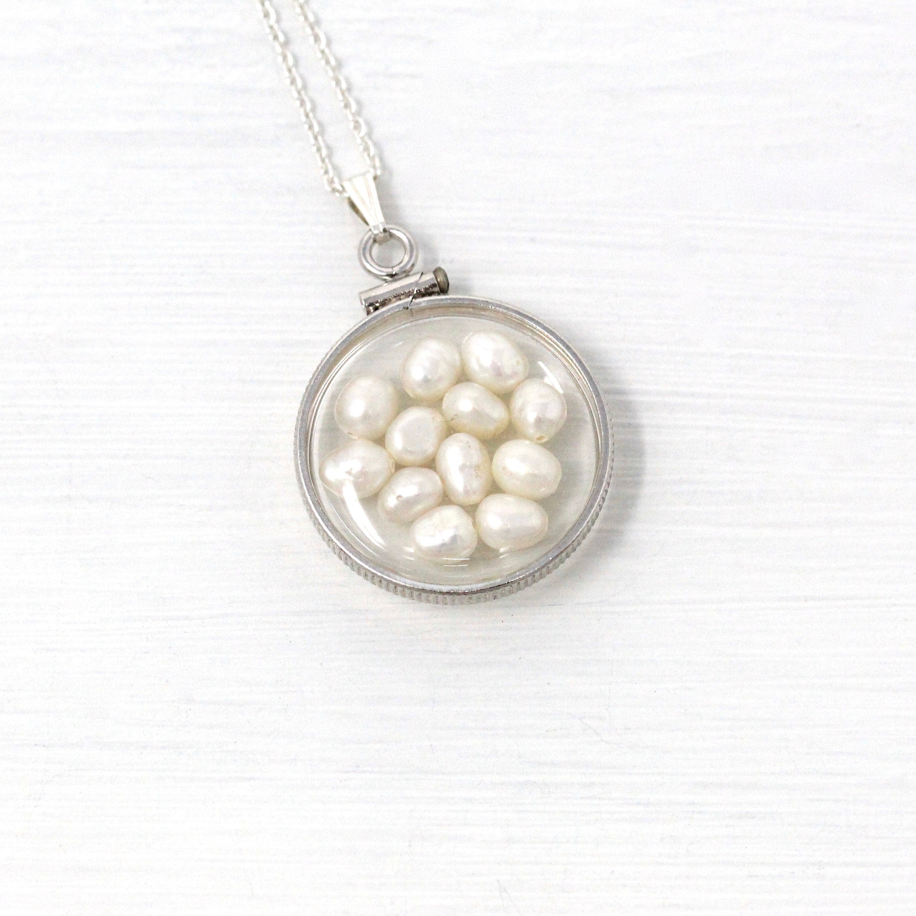 Baroque Pearl Shaker Locket Handcrafted Sterling Silver Lucite Pendant Necklace Charm June Birthstone Coin Bezel Nickel Sized Jewelry Add 10K 18