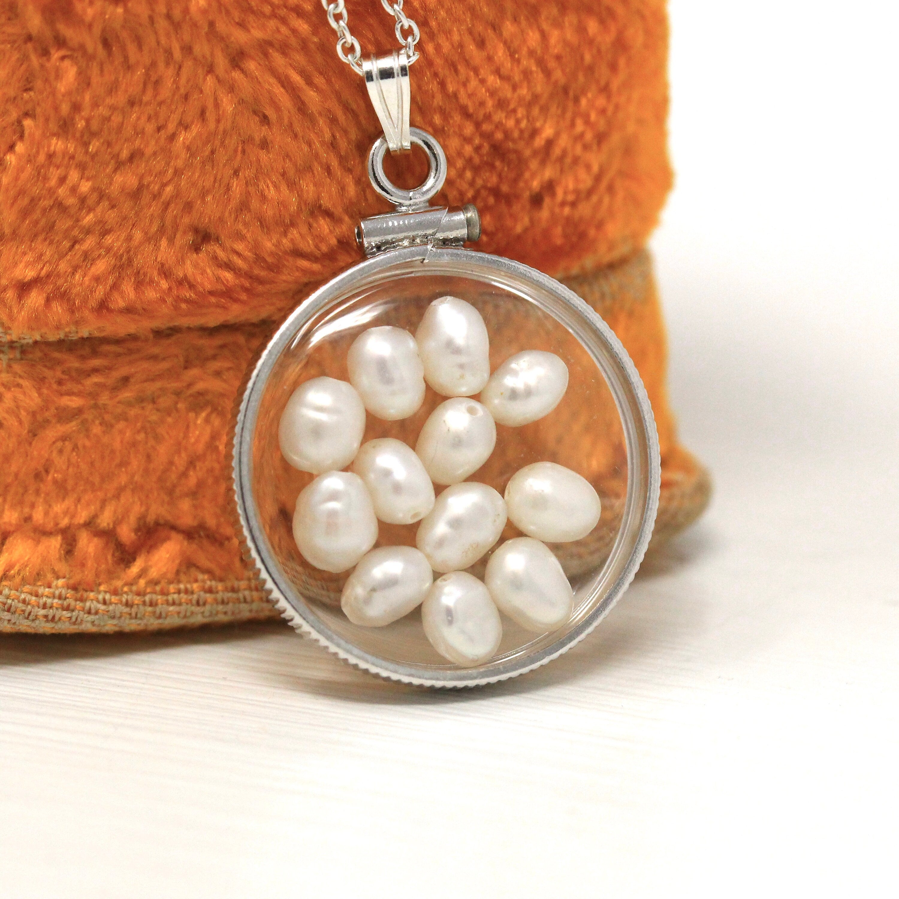 Baroque Pearl Shaker Locket - Handcrafted Sterling Silver Lucite Pendant Necklace Charm - June Birthstone Coin Bezel Nickel Sized Jewelry