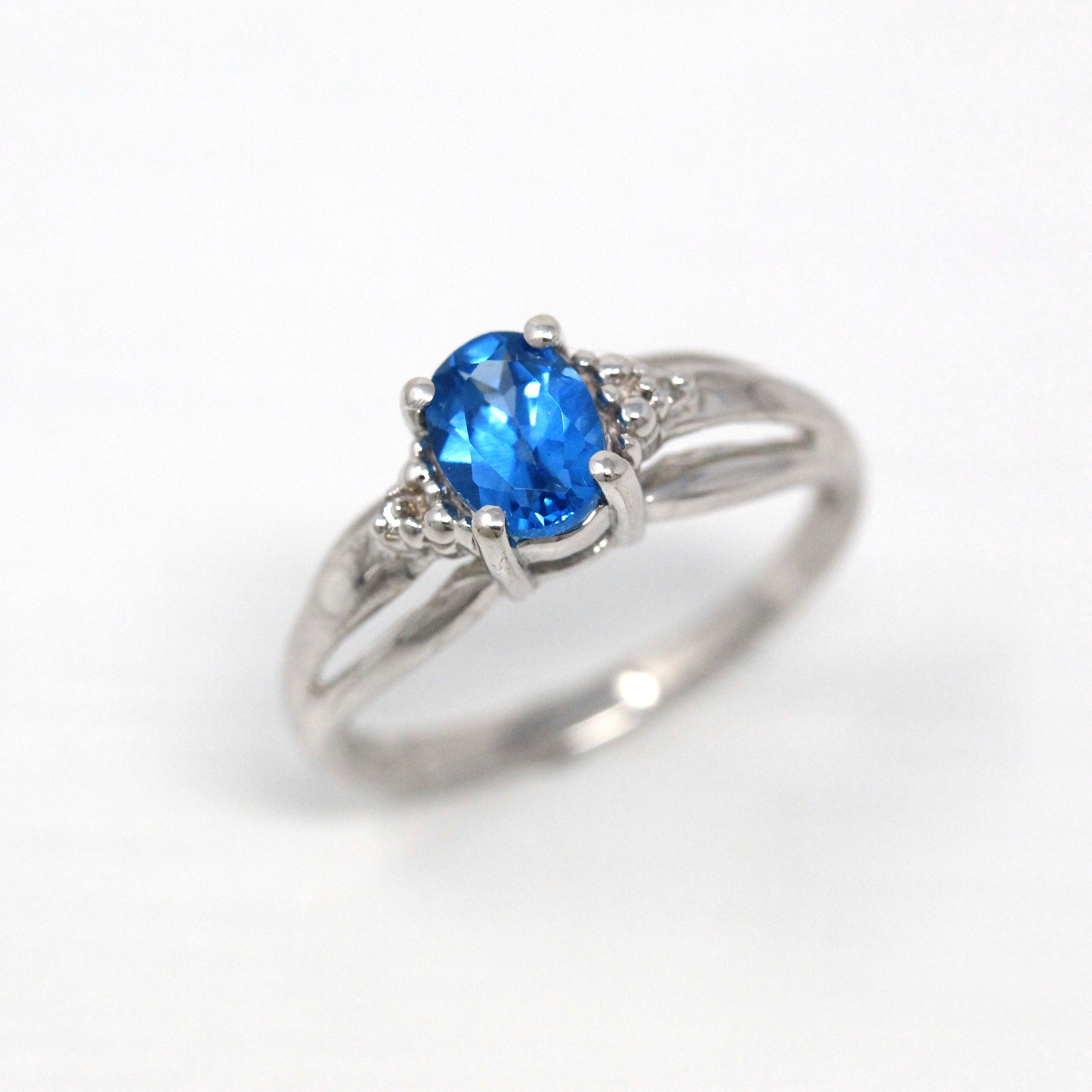 Sale - Created Blue Spinel & Diamond Ring - 10k White Gold Oval Cut 0.48 Carat Blue Gem - Modernist Estate Size 6 3/4 Fine Vintage Jewelry