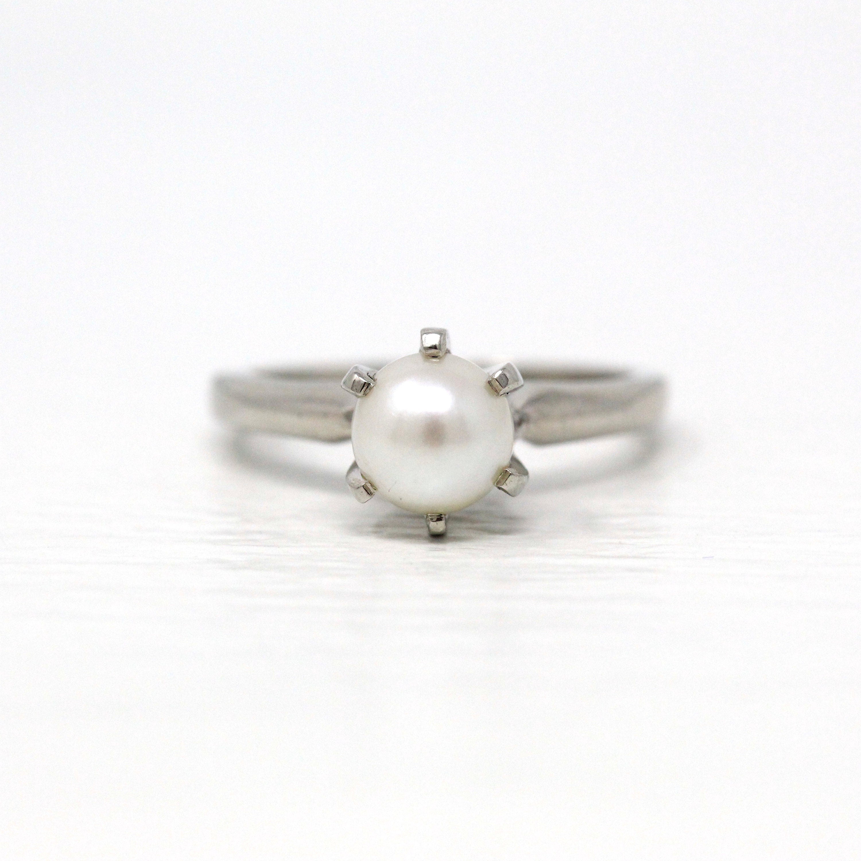 Sale Vintage Pearl Ring 10k White Gold Cultured Pearl Solitaire MJV