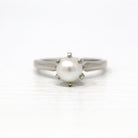 Sale - Vintage Pearl Ring - 10k White Gold Cultured Pearl Solitaire - Size 6 Retro Mid Century June Birthstone Gemstone Tapered Band Jewelry