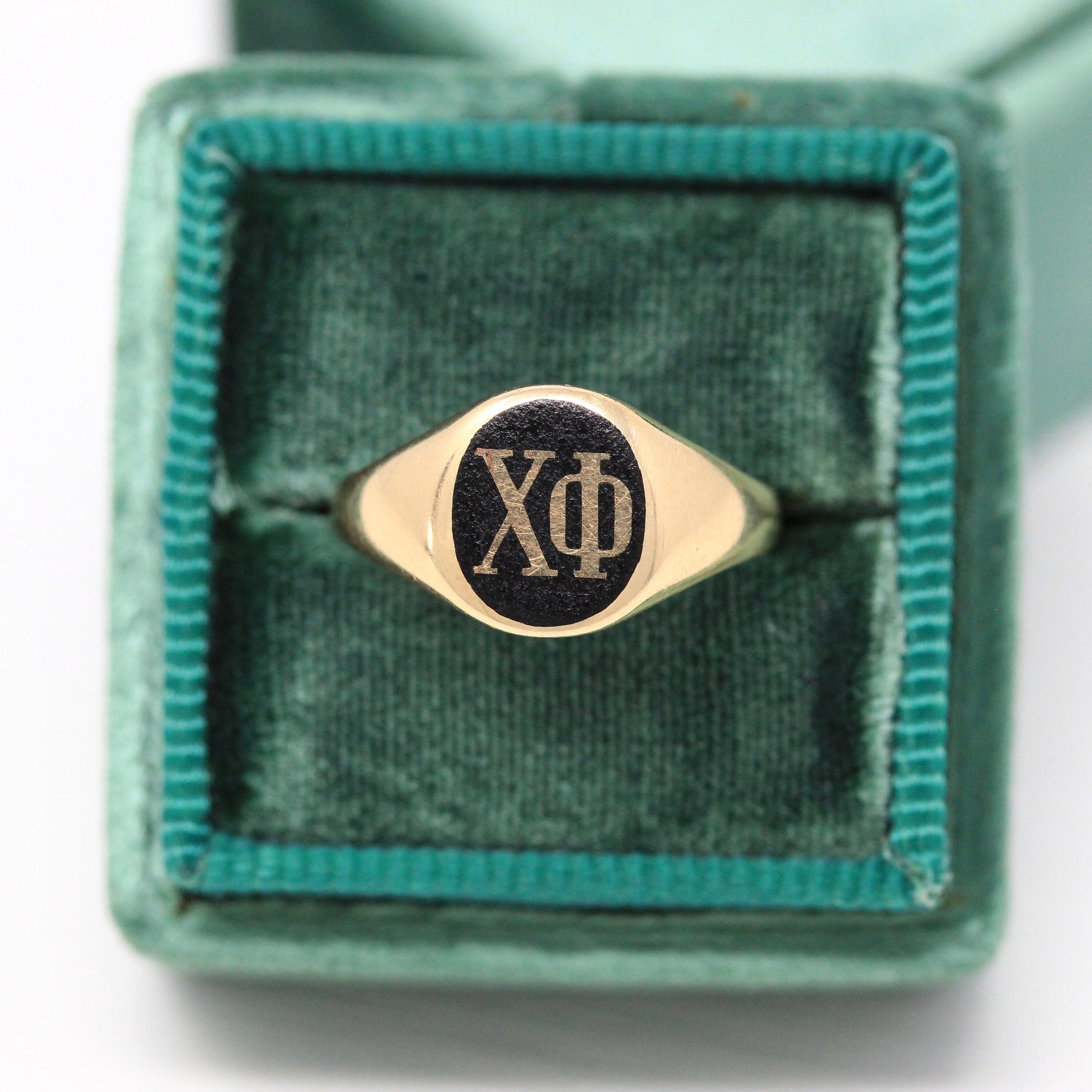 Sale - Vintage Chi Phi Ring - 14k Yellow Gold Black Enamel Signet Statement - 1940s Size 4 1/4 Fraternal Greek Letters ΧΦ Symbolic Jewelry