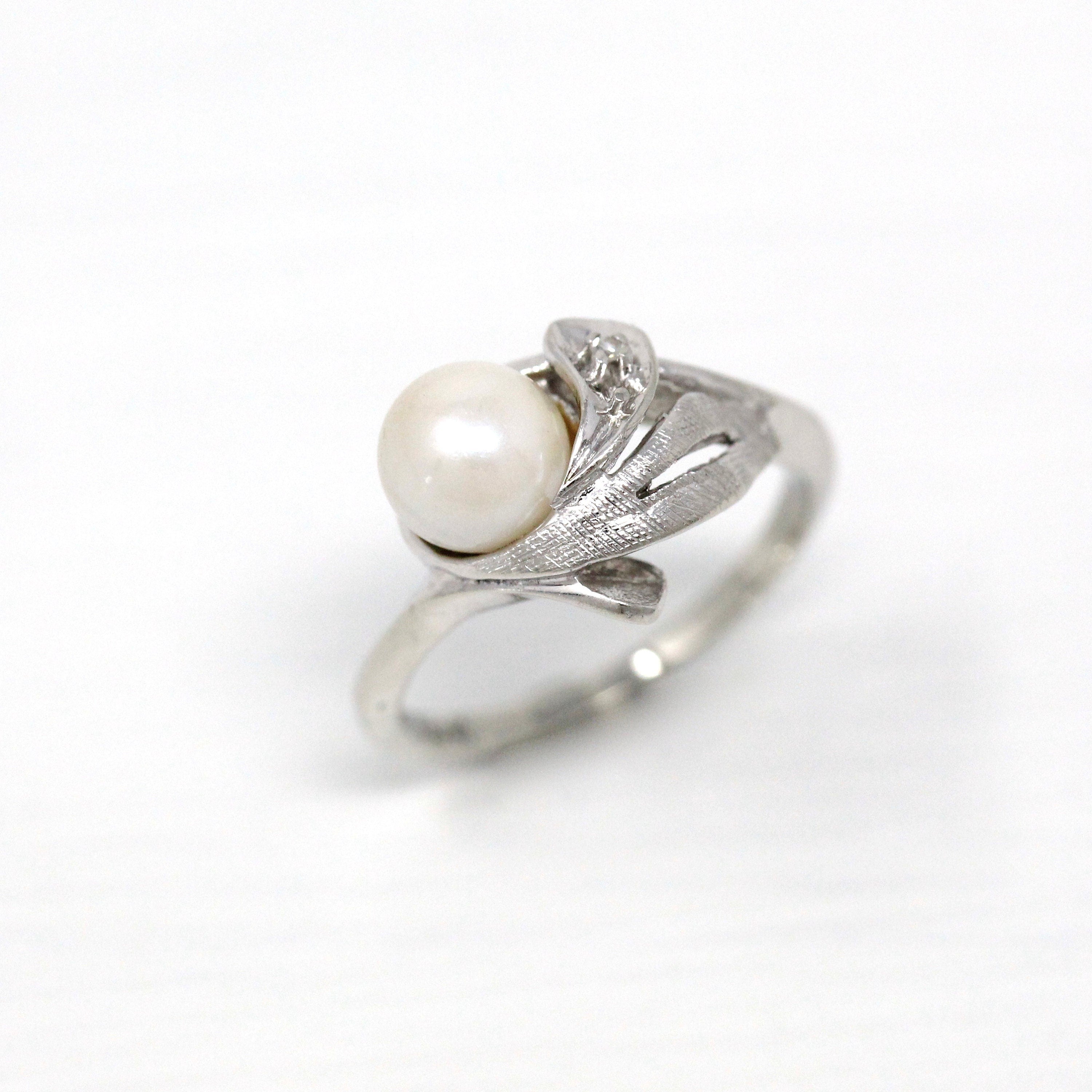 Sale - Vintage Cultured Pearl Ring - Circa 10k White Gold Genuine Diamond .02 Carats - Retro Era 1950s Size 3 June Birthstone Fine Jewelry