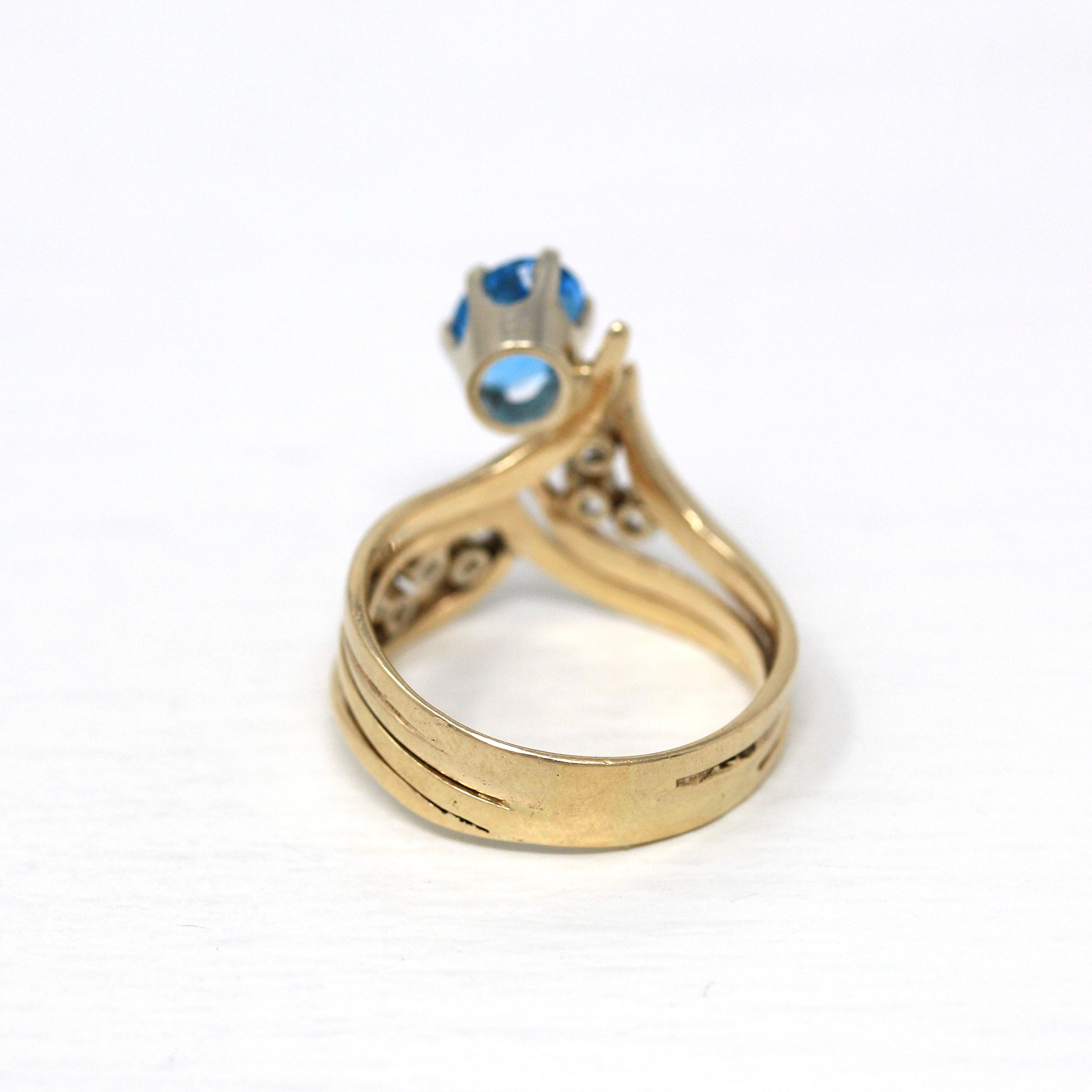 Sale - Blue Topaz Ring - Estate 14k Yellow Gold Genuine Oval Cut 1.47 CT Blue Topaz Statement - Vintage Size 8 Diamond Accent Gem Jewelry