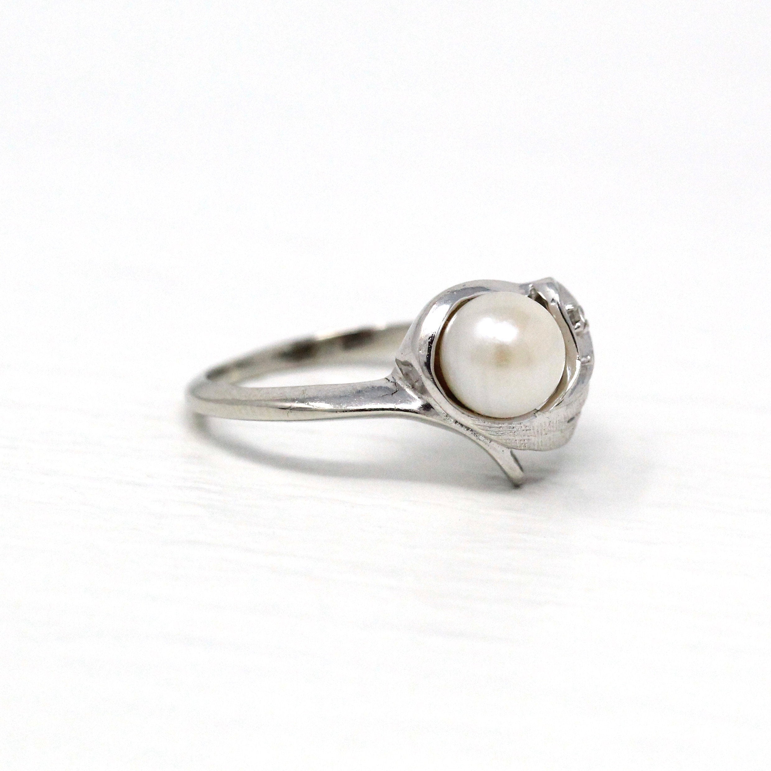 Sale - Vintage Cultured Pearl Ring - Circa 10k White Gold Genuine Diamond .02 Carats - Retro Era 1950s Size 3 June Birthstone Fine Jewelry