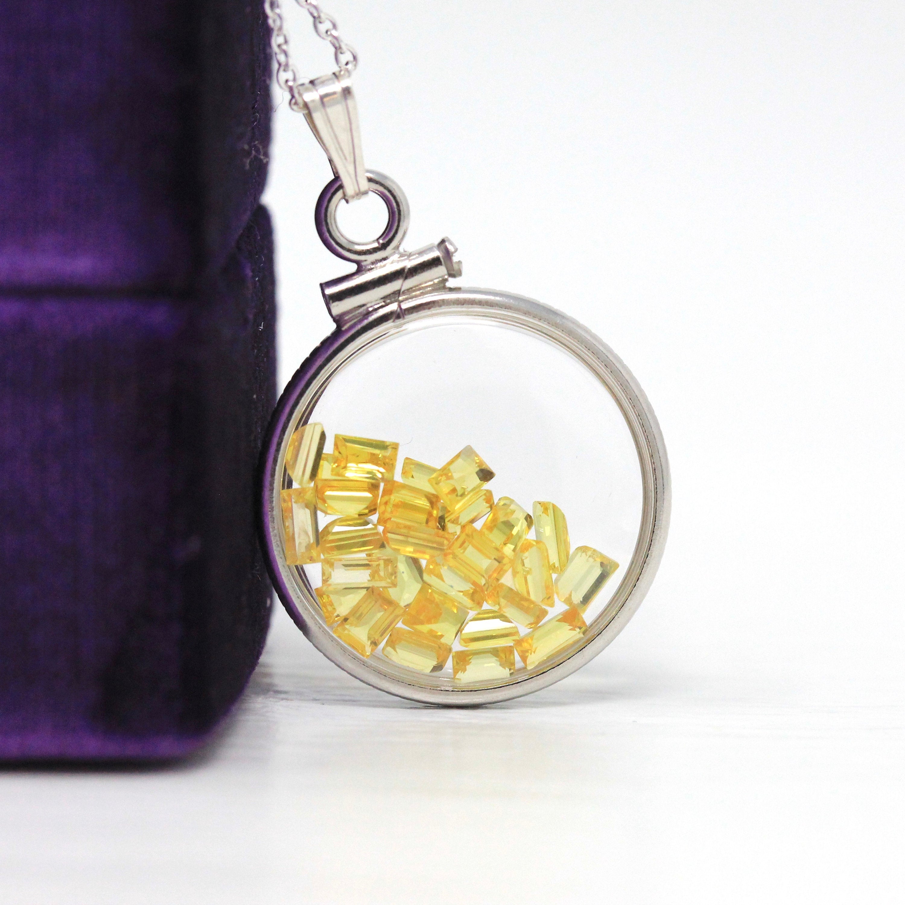 Yellow Sapphire Shaker Locket - Handcrafted Sterling Silver Lucite Genuine 2.5 CTW Gemstones Pendant - Fancy Baguette Cut Necklace Jewelry