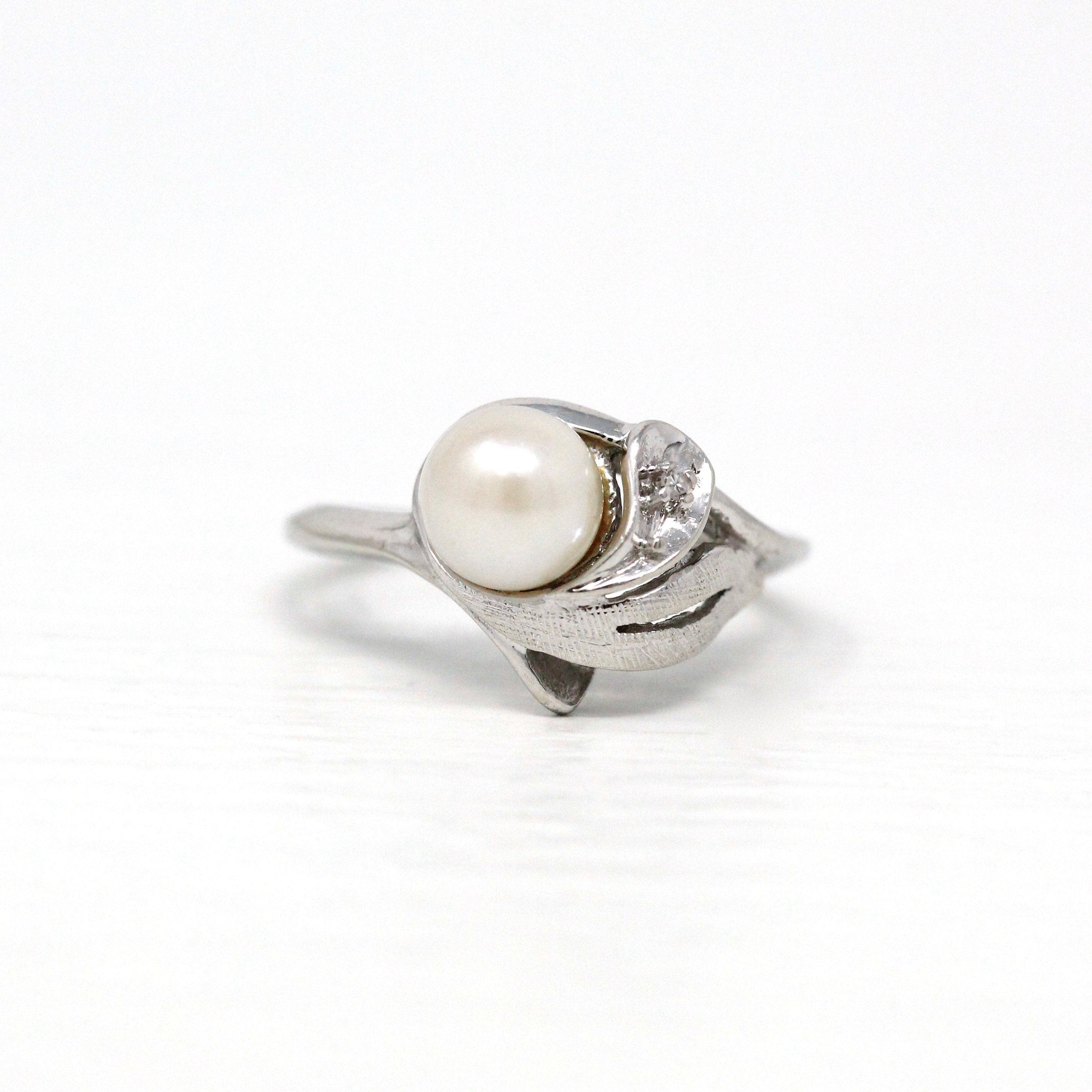 Sale - Vintage Cultured Pearl Ring - Circa 10k White Gold Genuine Diamond .02 Carats - Retro Era 1950s Size 3 June Birthstone Fine Jewelry