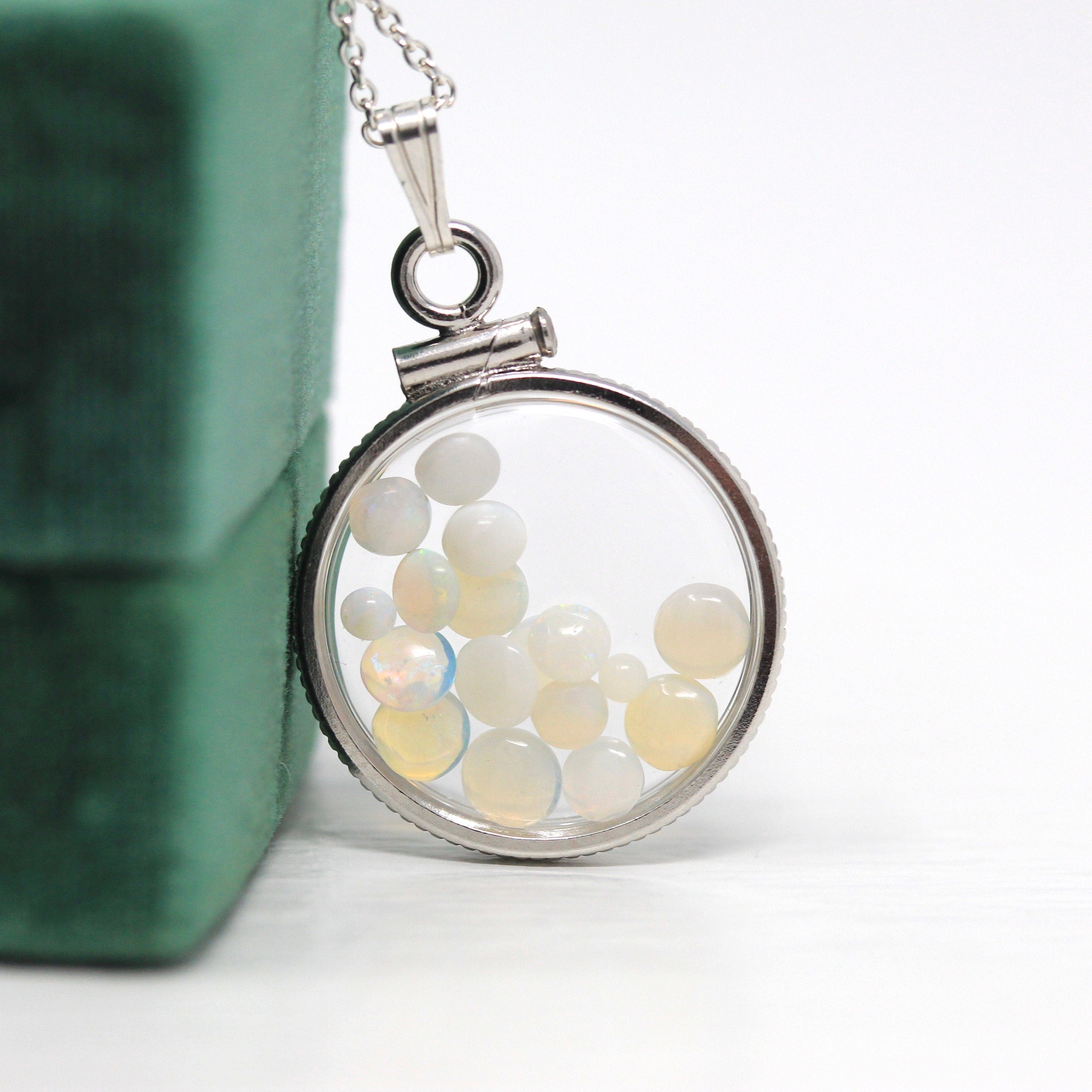 Opal Shaker Locket - Handcrafted Sterling Silver Lucite Clear Pendant Necklace Charm - October Birthstone Genuine 1.5 CTW Gemstones Jewelry