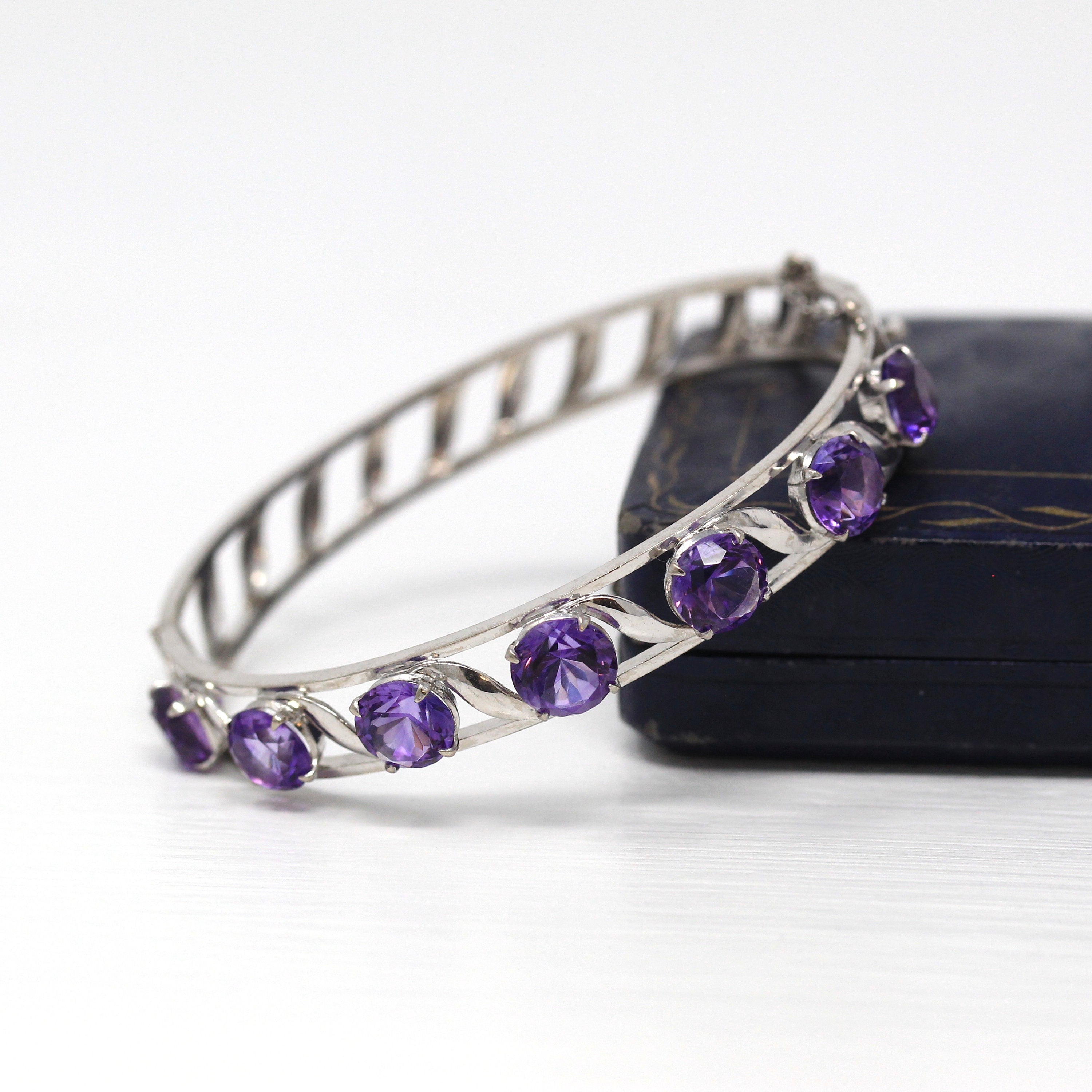 Sale - Genuine Amethyst Bracelet - Vintage 10k White Gold 9.35 Carat Purple Gems Bangle - Retro 1960s Hinged February Birthstone 60s Jewelry