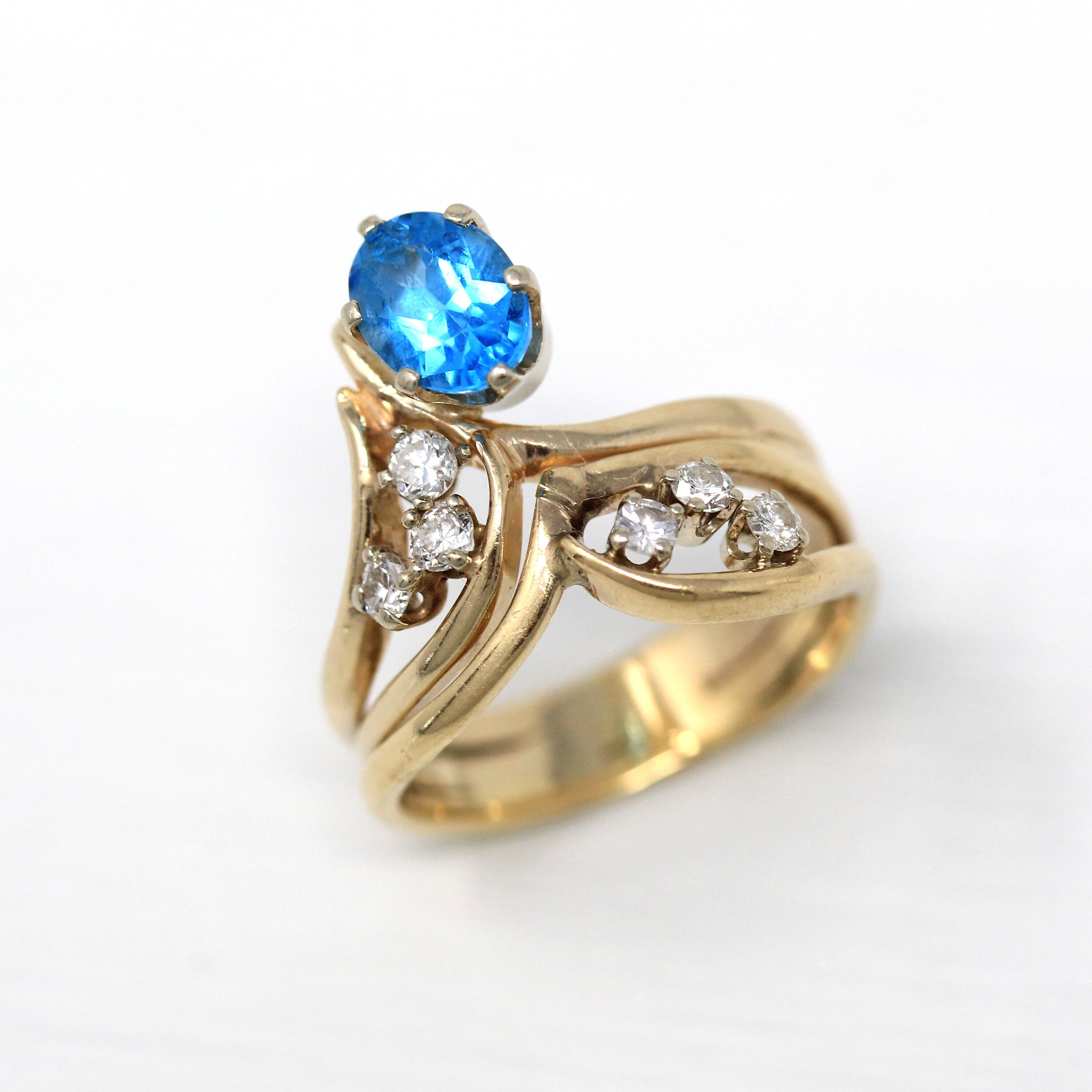 Sale - Blue Topaz Ring - Estate 14k Yellow Gold Genuine Oval Cut 1.47 CT Blue Topaz Statement - Vintage Size 8 Diamond Accent Gem Jewelry