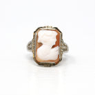 Sale - Vintage Cameo Ring - Art Deco Era 14k White Gold Statement Ring - Circa 1930s Size 5 1/4 Rectangular Carved Pink Shell Fine Jewelry