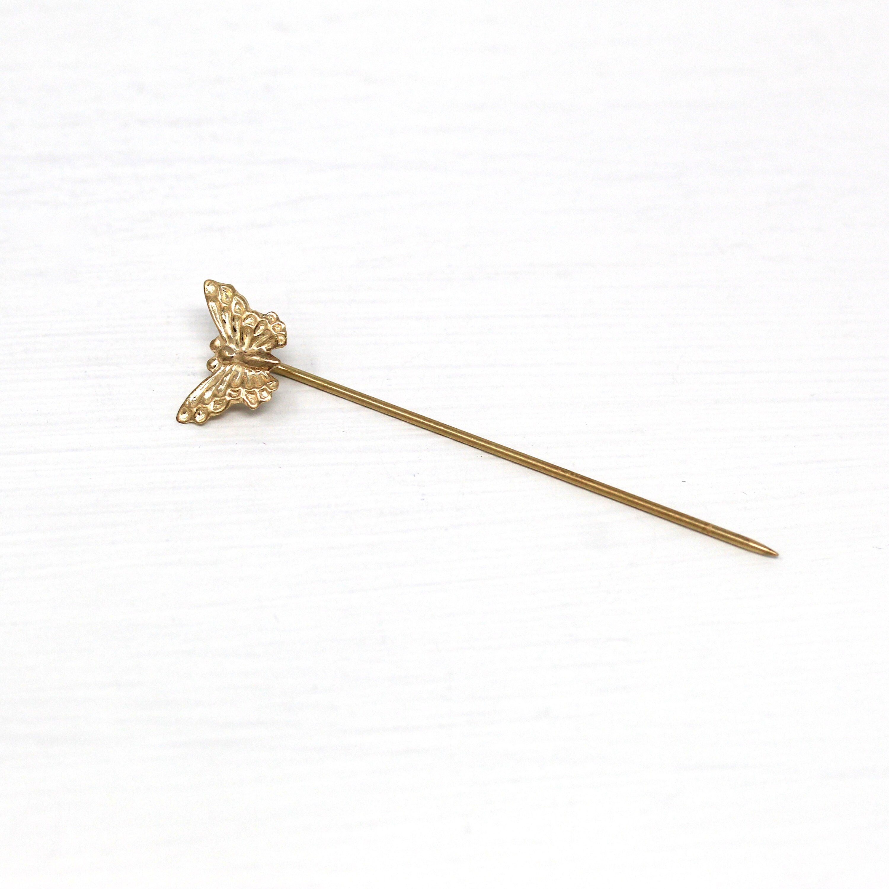 Sale - Butterfly Stick Pin - Retro 14k Yellow Gold Figural Winged Bug Neckwear - Vintage Circa 1960s Fine Fashion Accessory Insect Jewelry