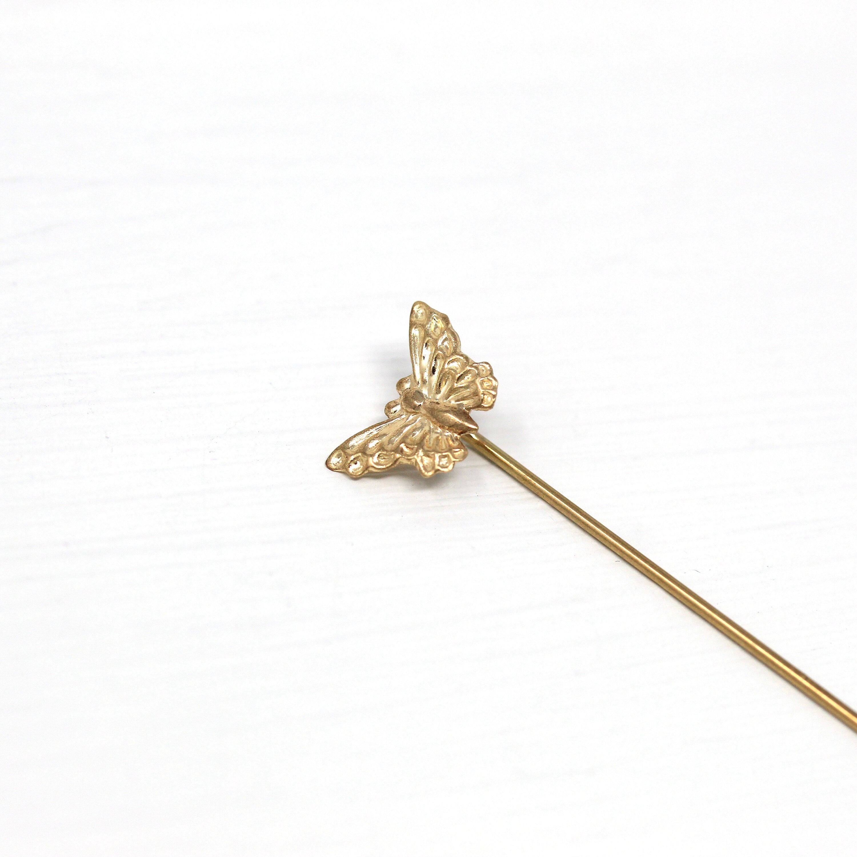 Sale - Butterfly Stick Pin - Retro 14k Yellow Gold Figural Winged Bug Neckwear - Vintage Circa 1960s Fine Fashion Accessory Insect Jewelry