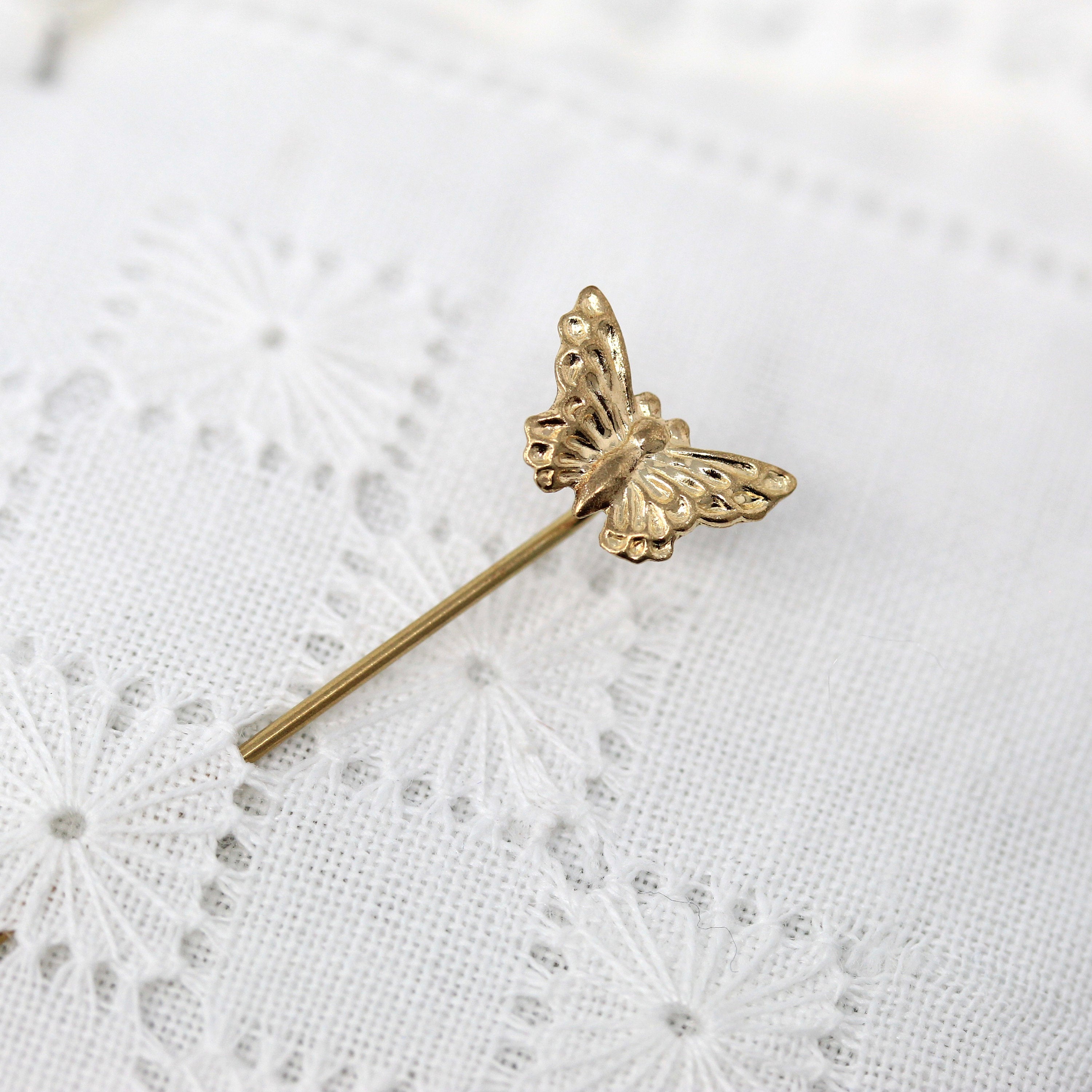 Sale - Butterfly Stick Pin - Retro 14k Yellow Gold Figural Winged Bug Neckwear - Vintage Circa 1960s Fine Fashion Accessory Insect Jewelry