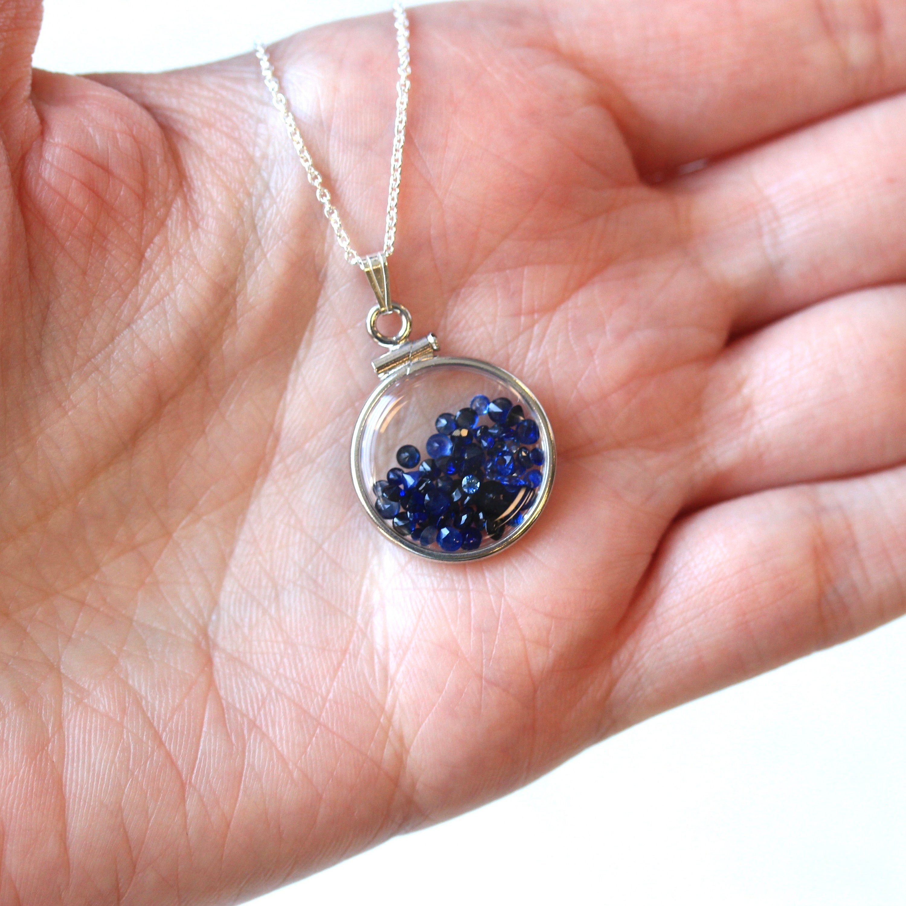 Sapphire Shaker Locket - MJV Handcrafted Sterling Silver Genuine Gems Clear Pendant - 2.5 Carats TW Blue Round Gemstone September Birthstone