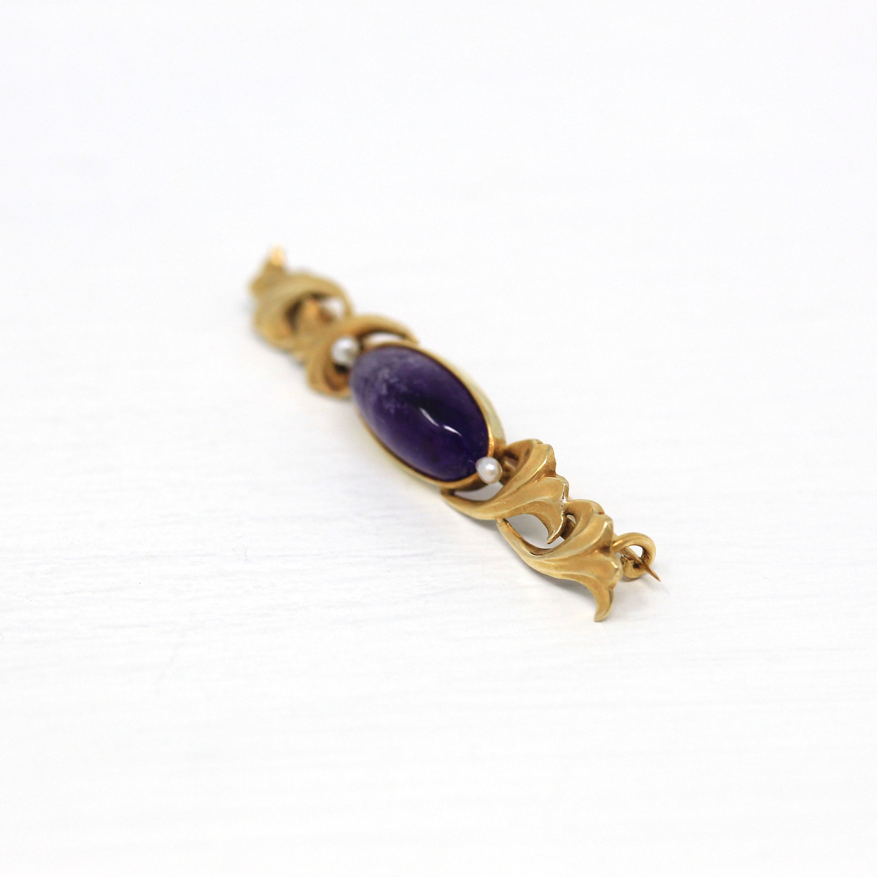 Sale - Art Nouveau Brooch - Antique 14k Yellow Gold Genuine Cabochon Cut 3.68 CT Amethyst Gem - Circa 1910s Flower Fashion Accessory Jewelry