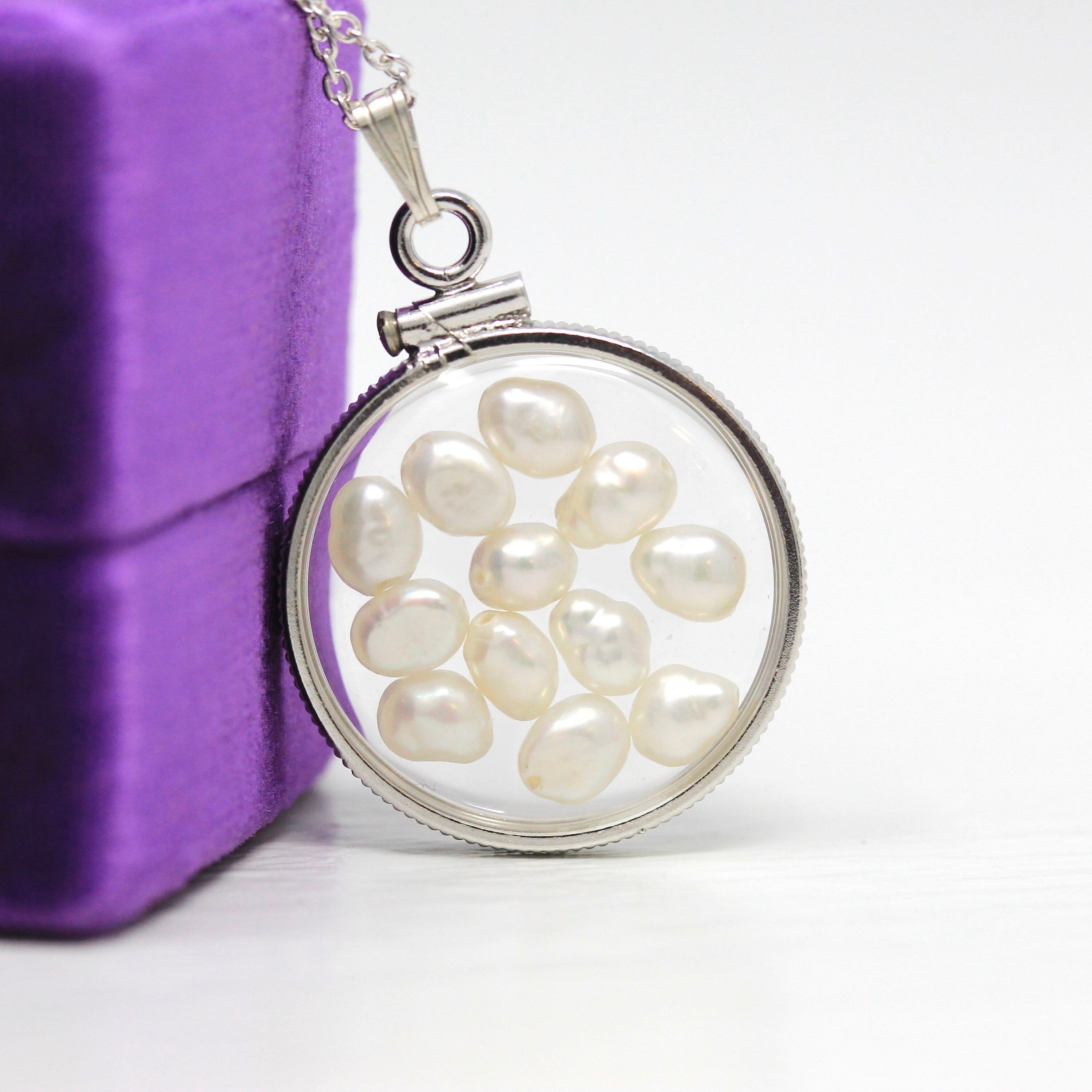 Baroque Pearl Shaker Locket - Handcrafted Sterling Silver Lucite Pendant Necklace Charm - June Birthstone Coin Bezel Nickel Sized Jewelry