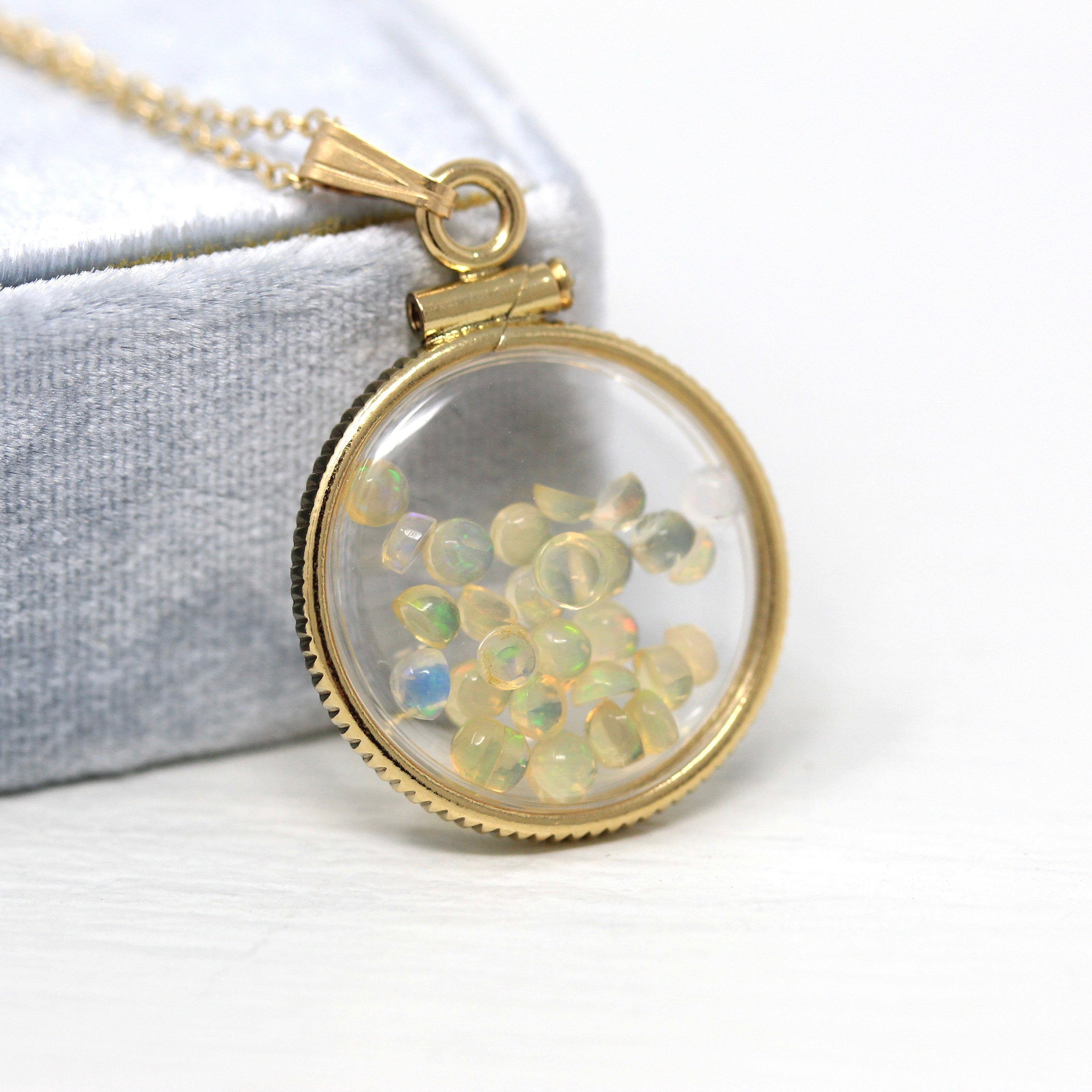 Opal Shaker Locket - Handcrafted 14k Yellow Gold Filled Lucite Pendant Necklace Charm - October Birthstone Genuine 1.5 CTW Gemstones Jewelry