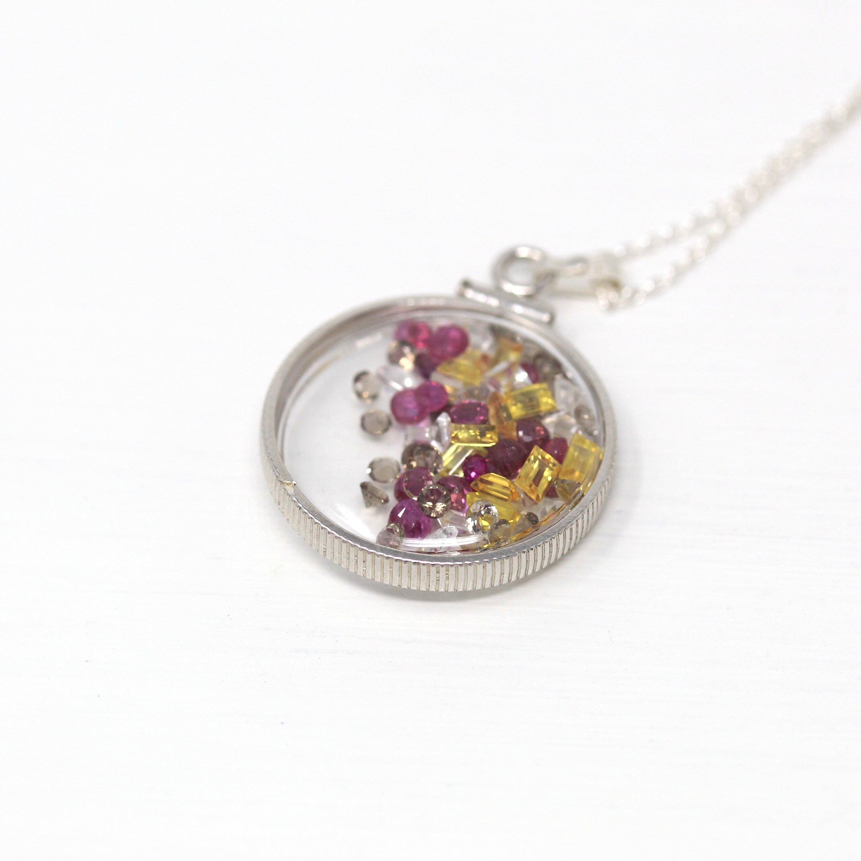 Gemstone Shaker Locket - Handcrafted Sterling Silver Lucite Pendant Necklace Charm - Genuine Ruby White Topaz Yellow Sapphire Gems Jewelry