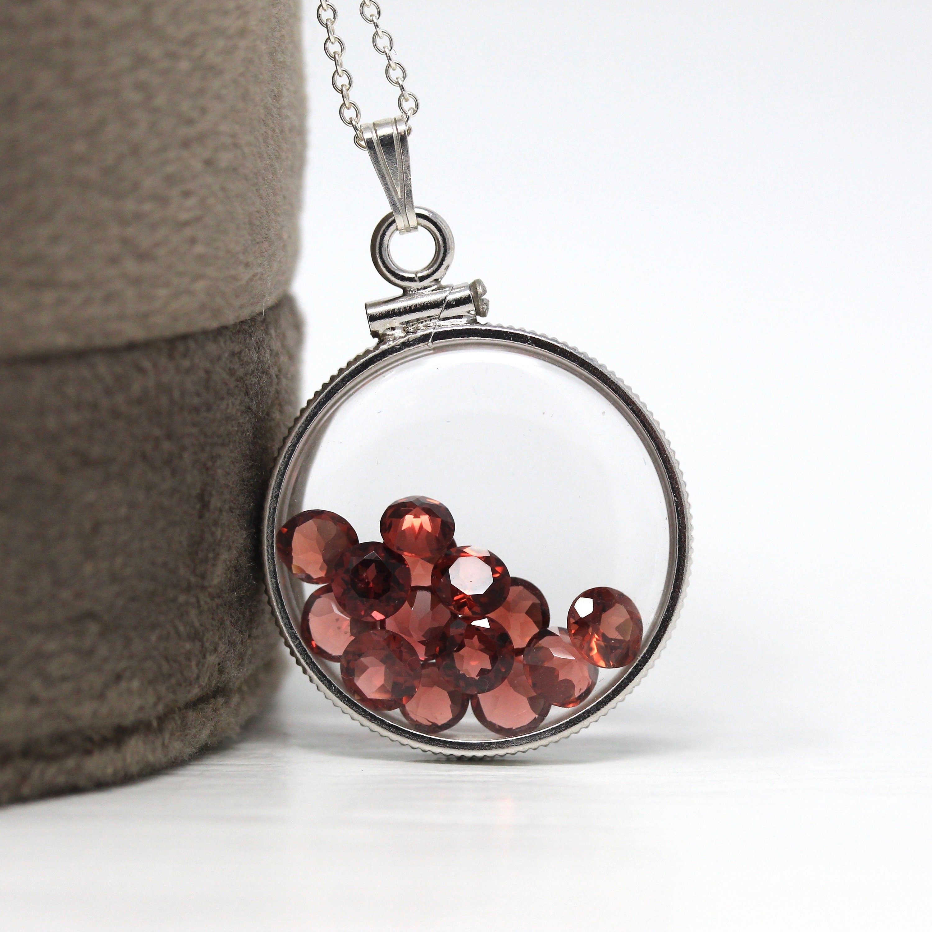 Garnet Shaker Locket - Handcrafted Sterling Silver Lucite Pendant Necklace Charm - Genuine 4 mm 4 CTW Round Faceted Red Gemstones Jewelry