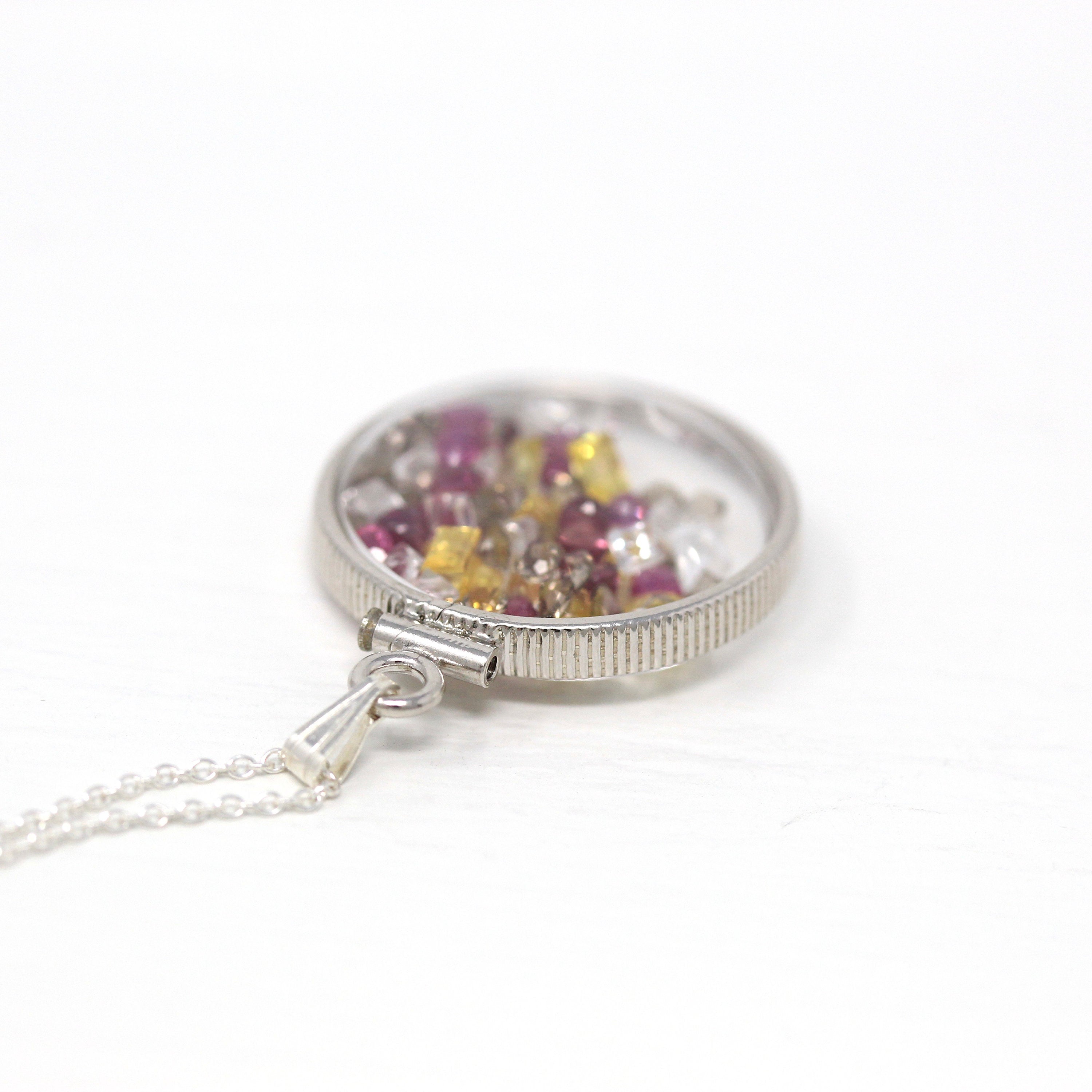 Gemstone Shaker Locket - Handcrafted Sterling Silver Lucite Pendant Necklace Charm - Genuine Ruby White Topaz Yellow Sapphire Gems Jewelry