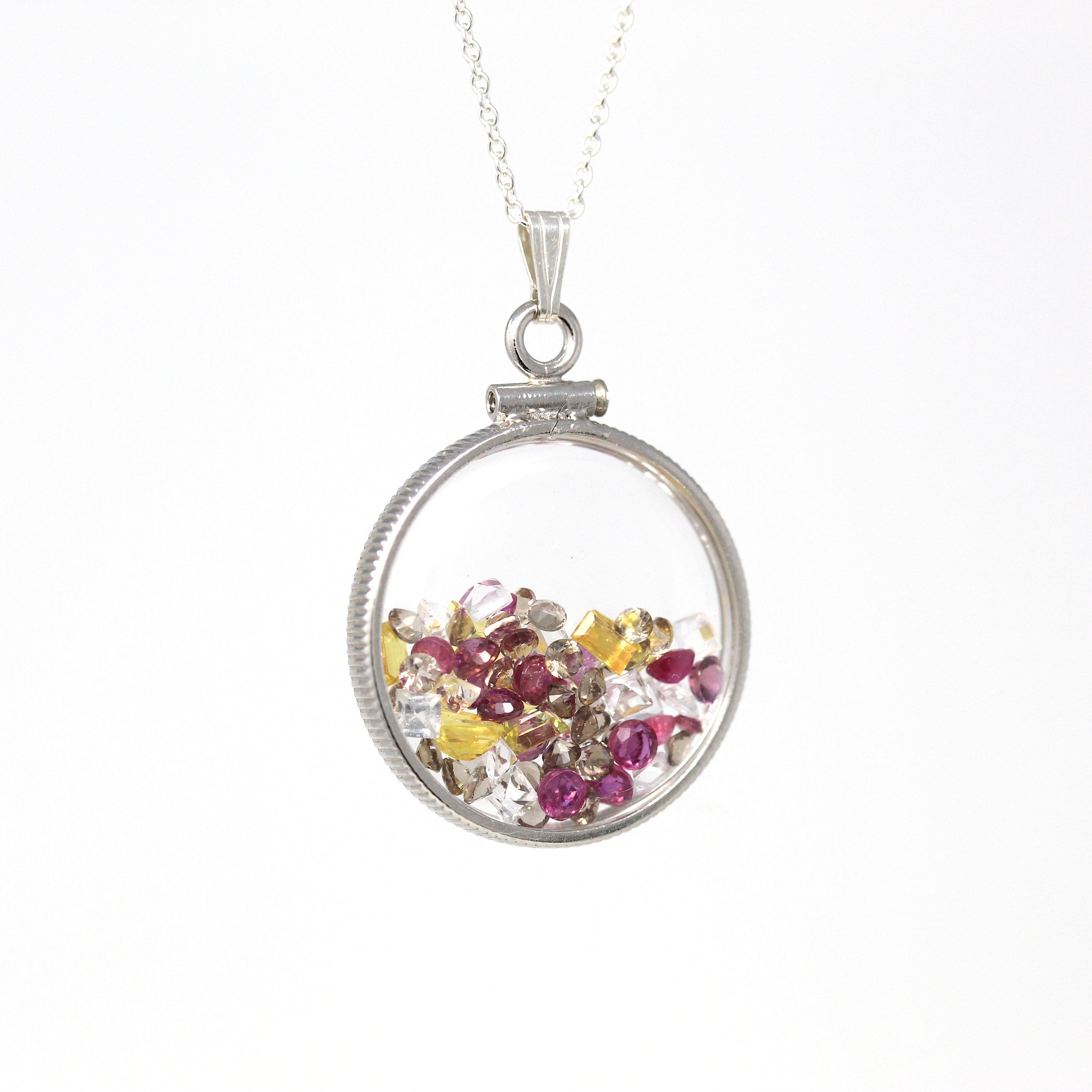 Gemstone Shaker Locket - Handcrafted Sterling Silver Lucite Pendant Necklace Charm - Genuine Ruby White Topaz Yellow Sapphire Gems Jewelry