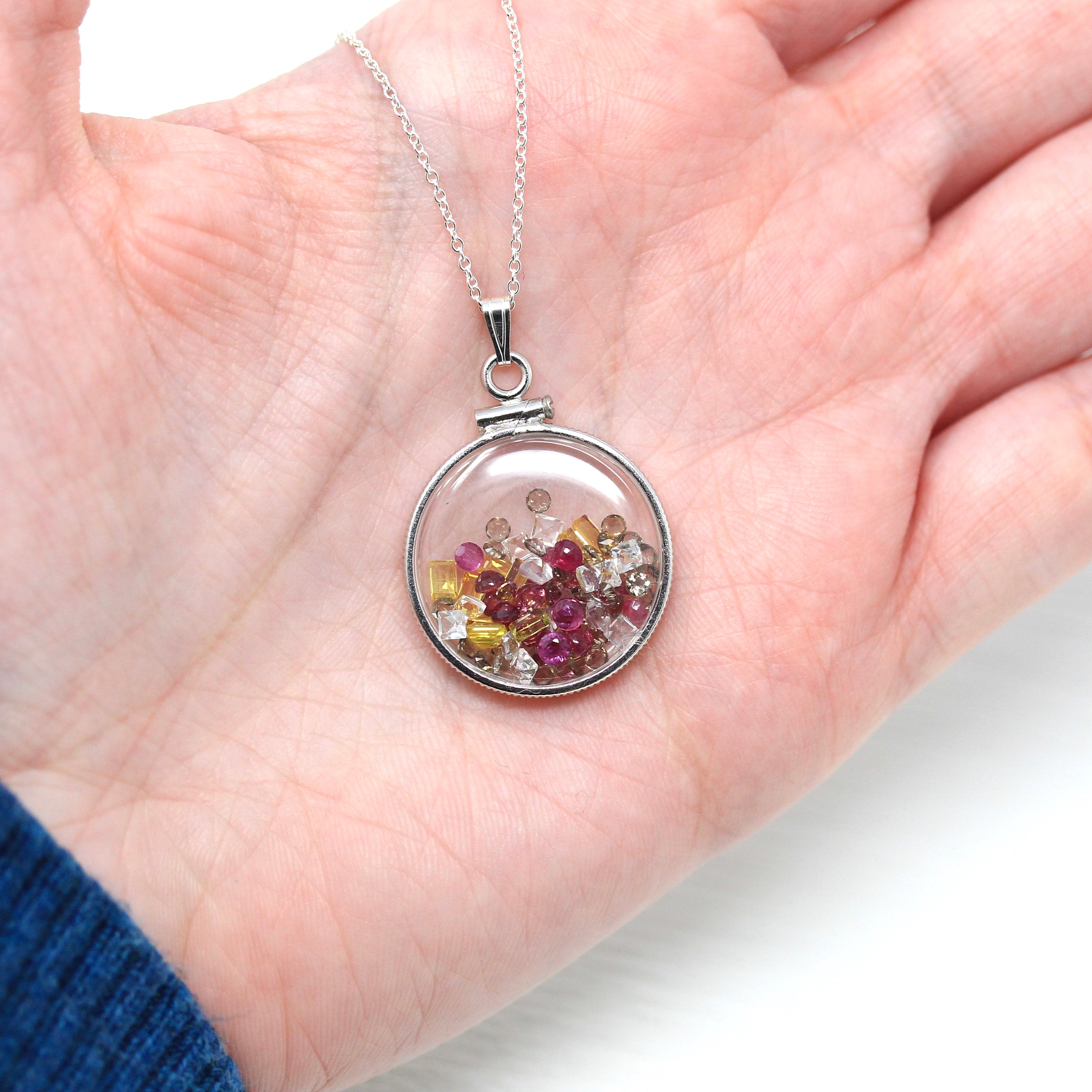 Gemstone Shaker Locket - Handcrafted Sterling Silver Lucite Pendant Necklace Charm - Genuine Ruby White Topaz Yellow Sapphire Gems Jewelry