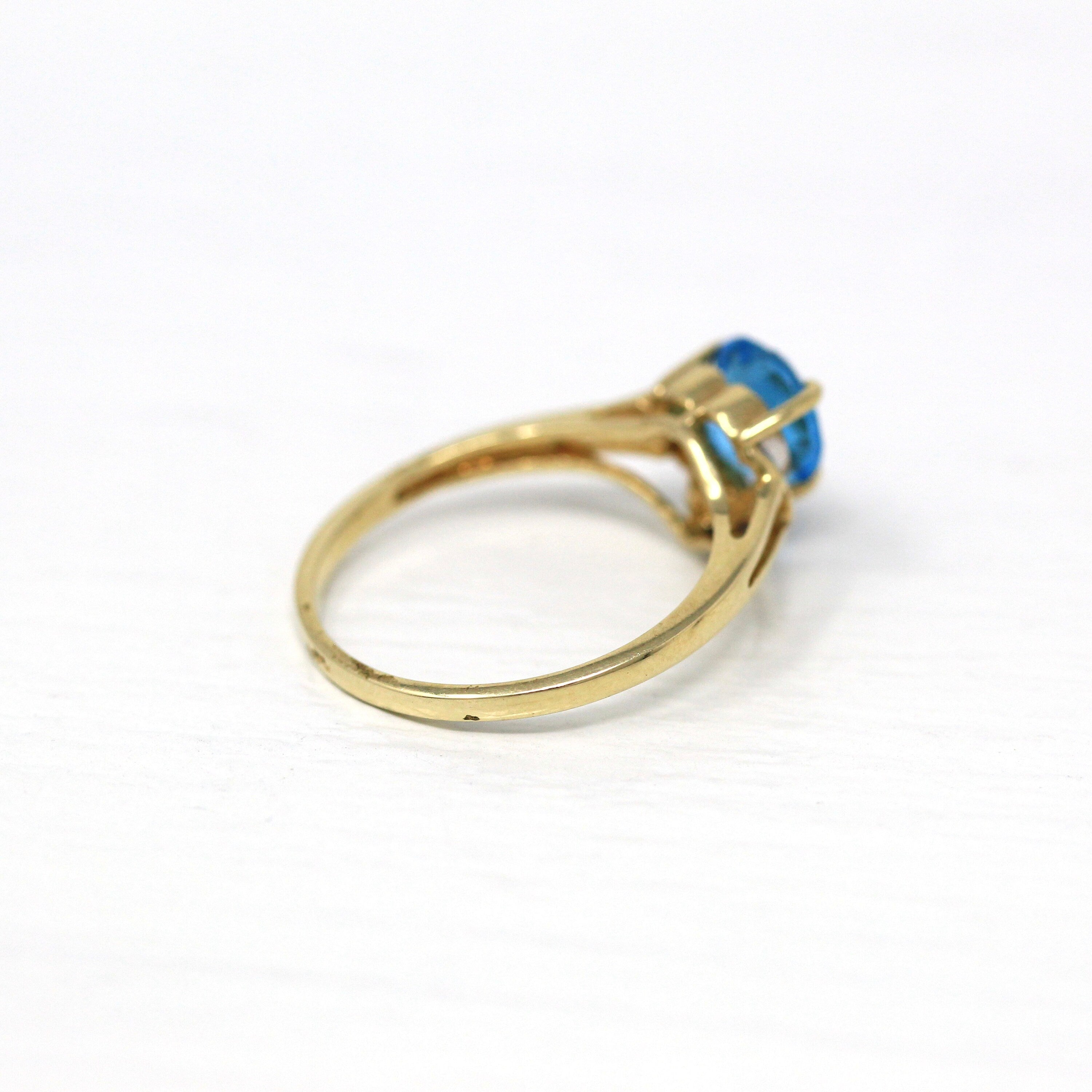 Sale - Blue Topaz Ring - Modern 10k Yellow Gold Genuine .02 CT Diamonds Heart Cut Gem - Estate Size 6 1/2 December Birthstone Fine Jewelry