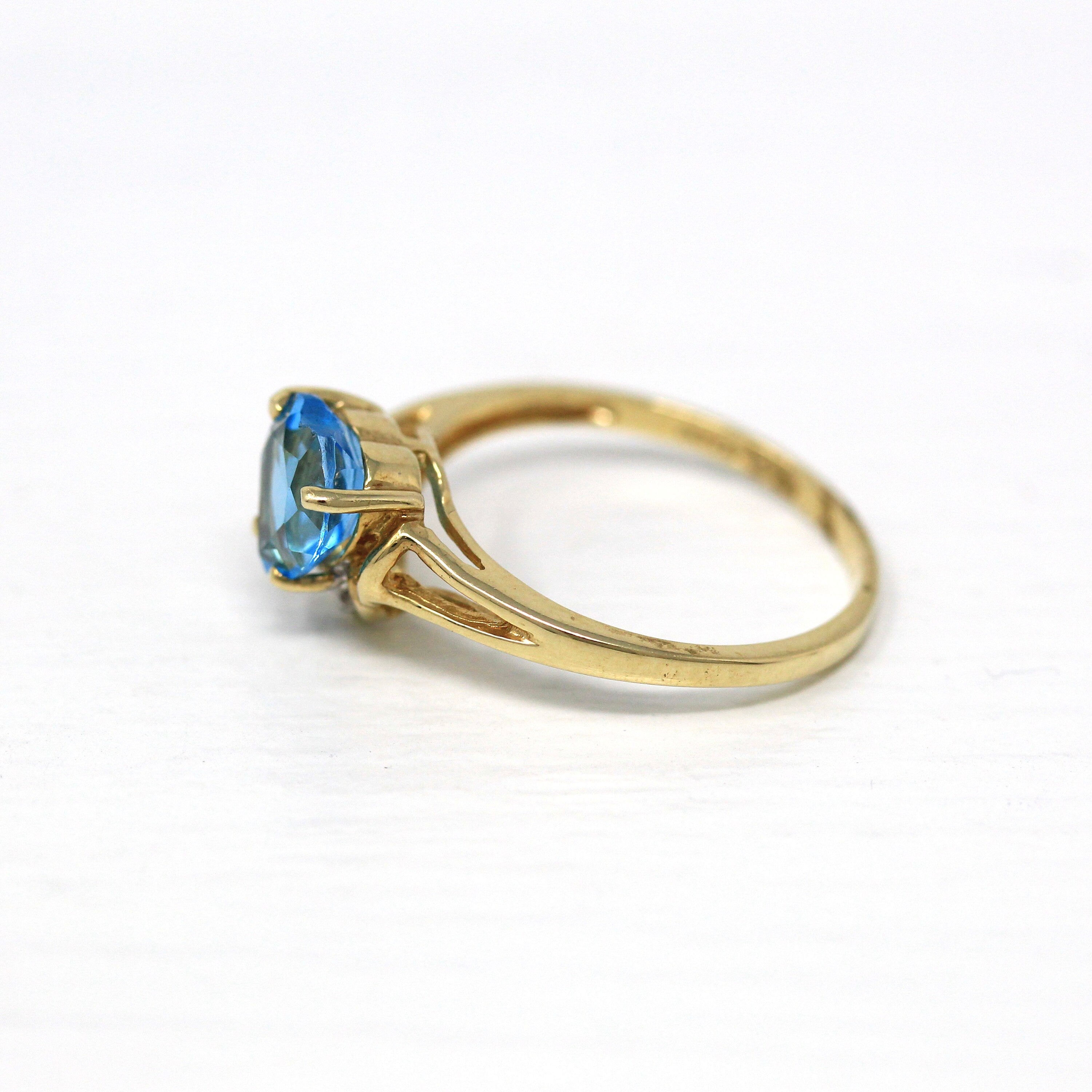 Sale - Blue Topaz Ring - Modern 10k Yellow Gold Genuine .02 CT Diamonds Heart Cut Gem - Estate Size 6 1/2 December Birthstone Fine Jewelry