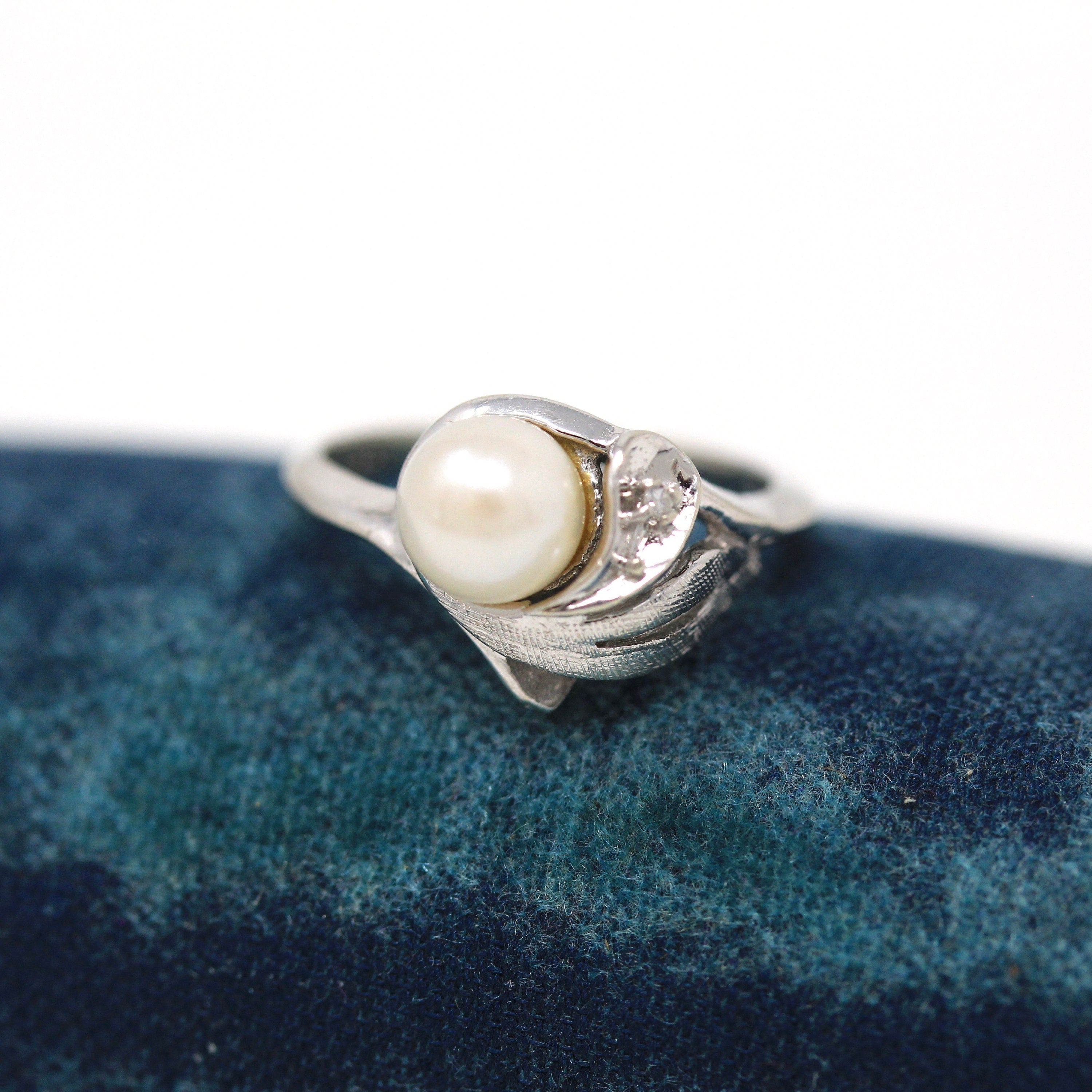 Sale - Vintage Cultured Pearl Ring - Circa 10k White Gold Genuine Diamond .02 Carats - Retro Era 1950s Size 3 June Birthstone Fine Jewelry