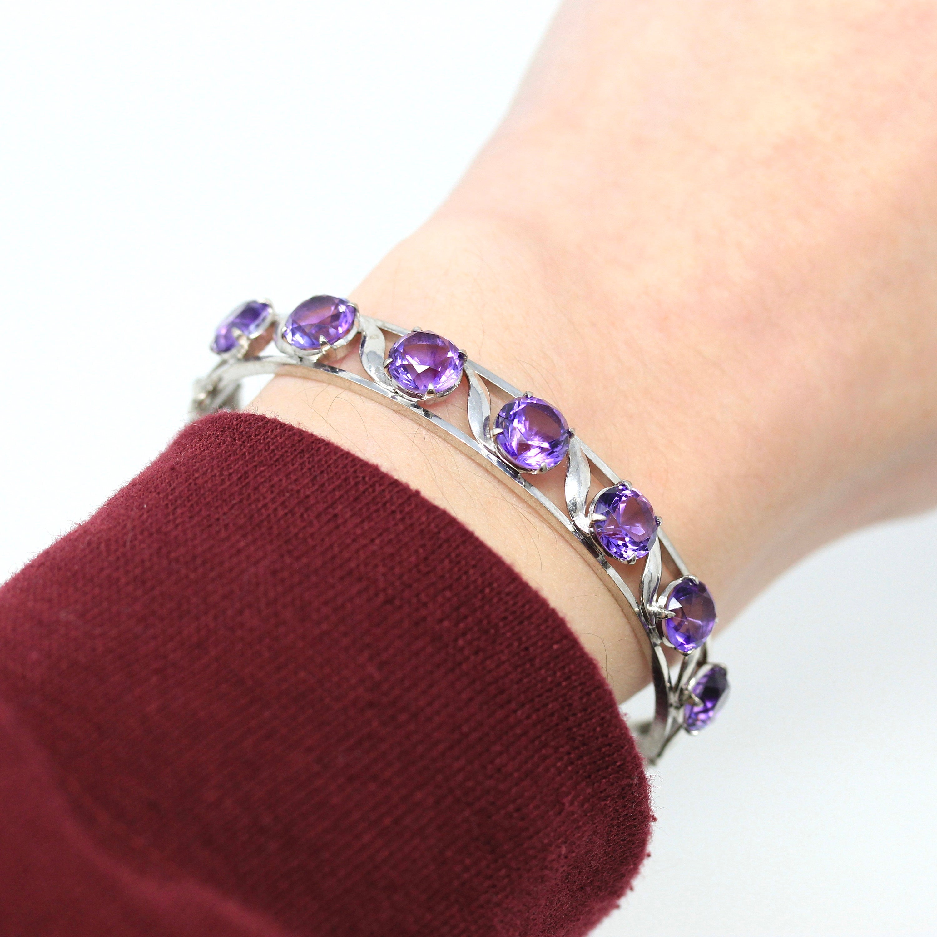 Sale - Genuine Amethyst Bracelet - Vintage 10k White Gold 9.35 Carat Purple Gems Bangle - Retro 1960s Hinged February Birthstone 60s Jewelry