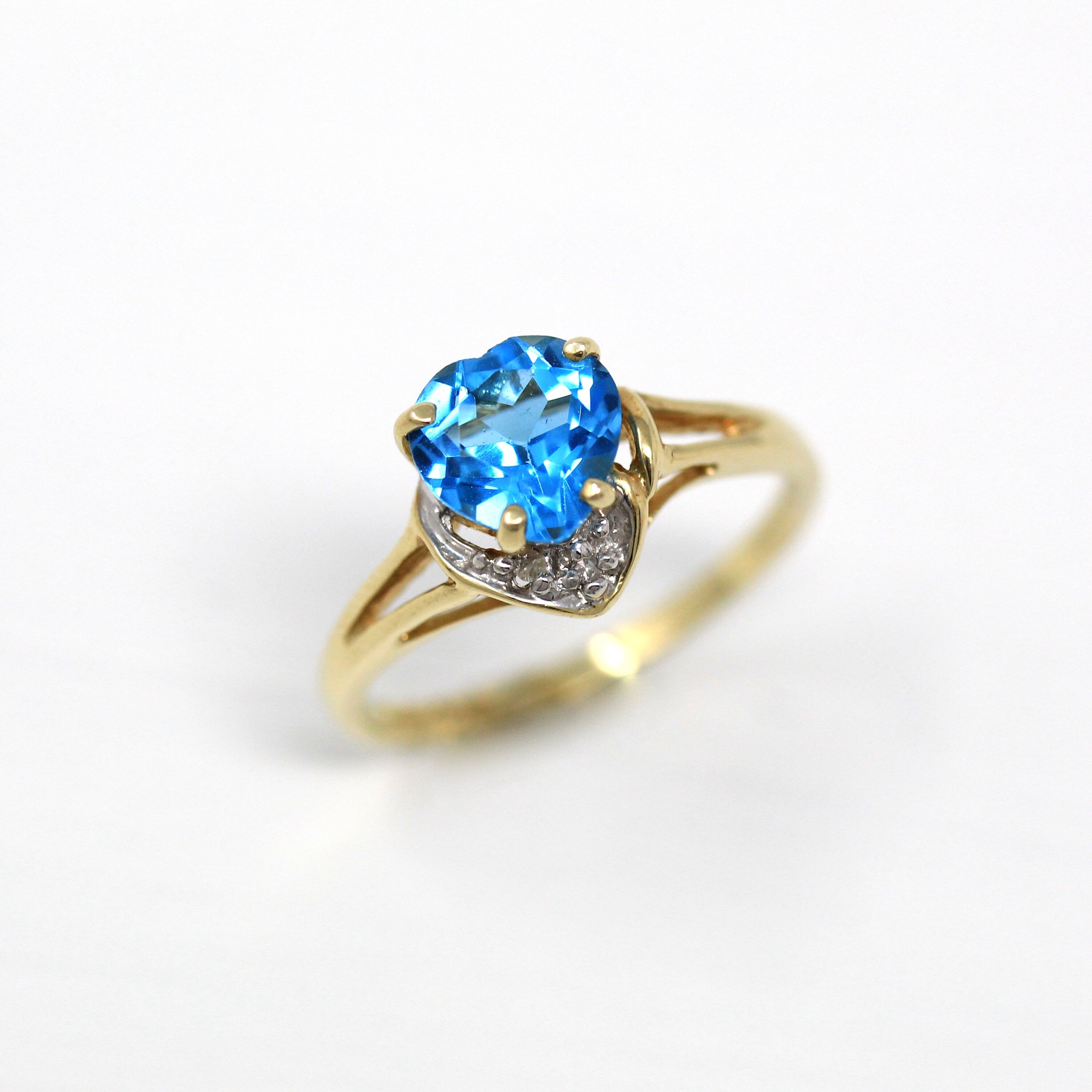 Sale - Blue Topaz Ring - Modern 10k Yellow Gold Genuine .02 CT Diamonds Heart Cut Gem - Estate Size 6 1/2 December Birthstone Fine Jewelry