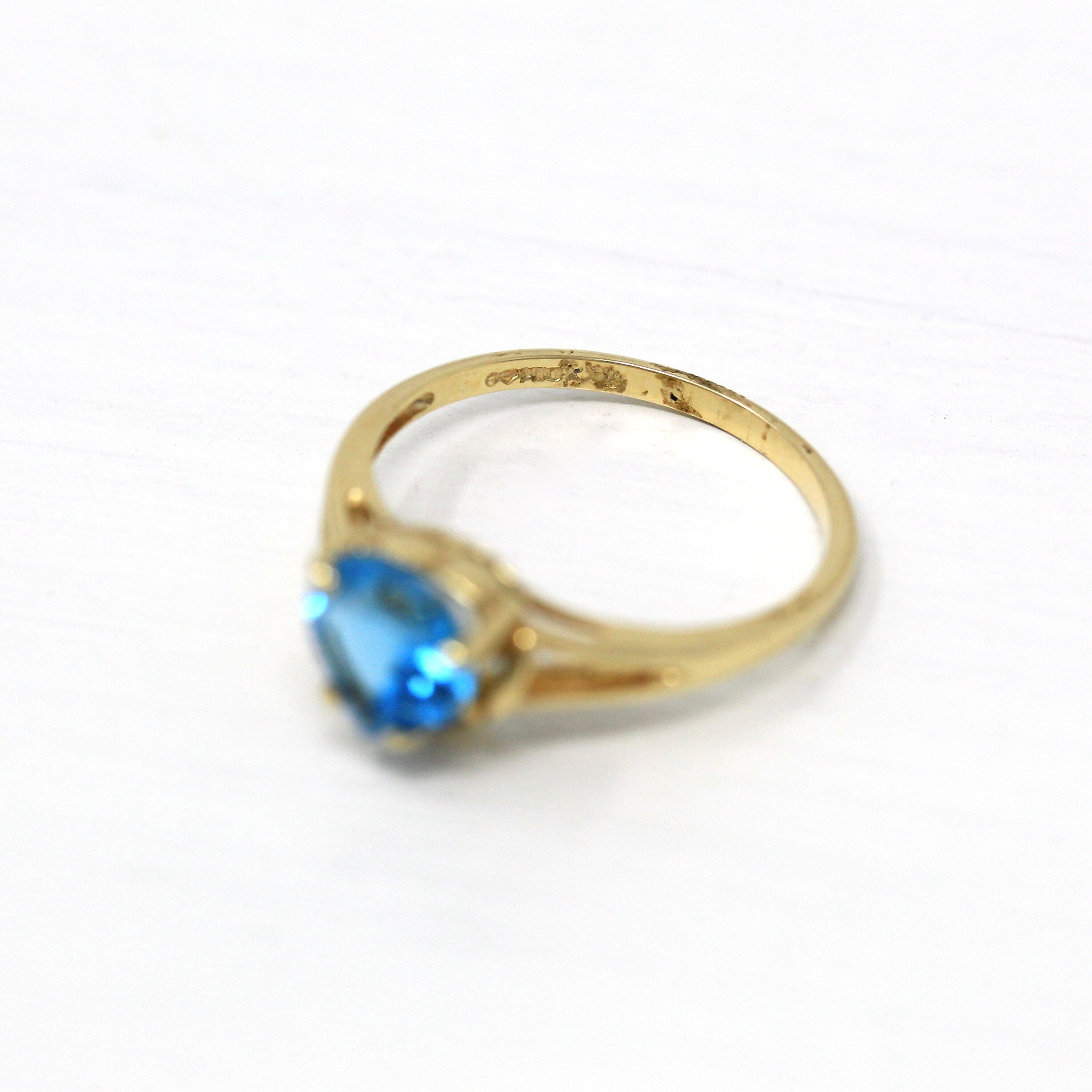 Sale - Blue Topaz Ring - Modern 10k Yellow Gold Genuine .02 CT Diamonds Heart Cut Gem - Estate Size 6 1/2 December Birthstone Fine Jewelry