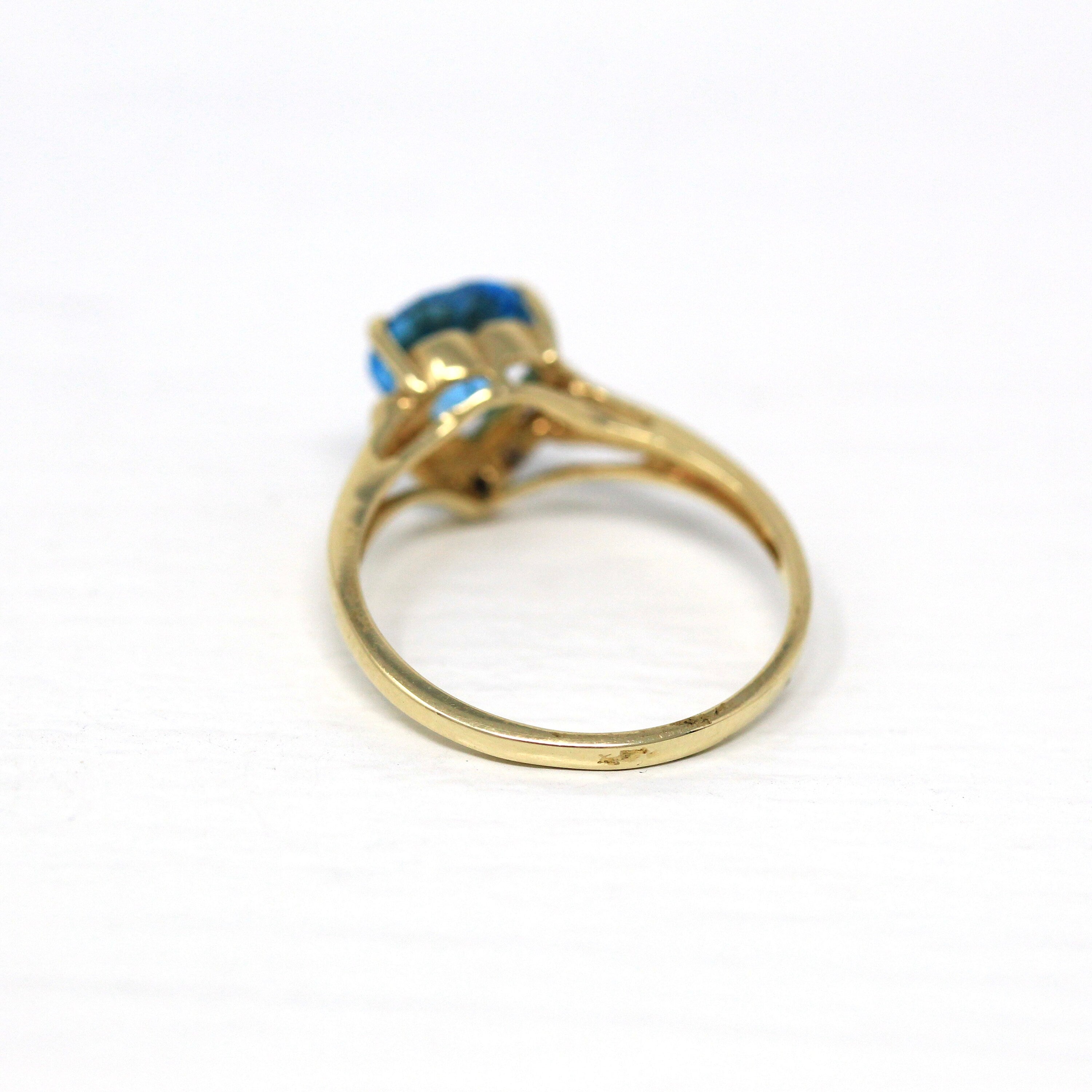 Sale - Blue Topaz Ring - Modern 10k Yellow Gold Genuine .02 CT Diamonds Heart Cut Gem - Estate Size 6 1/2 December Birthstone Fine Jewelry