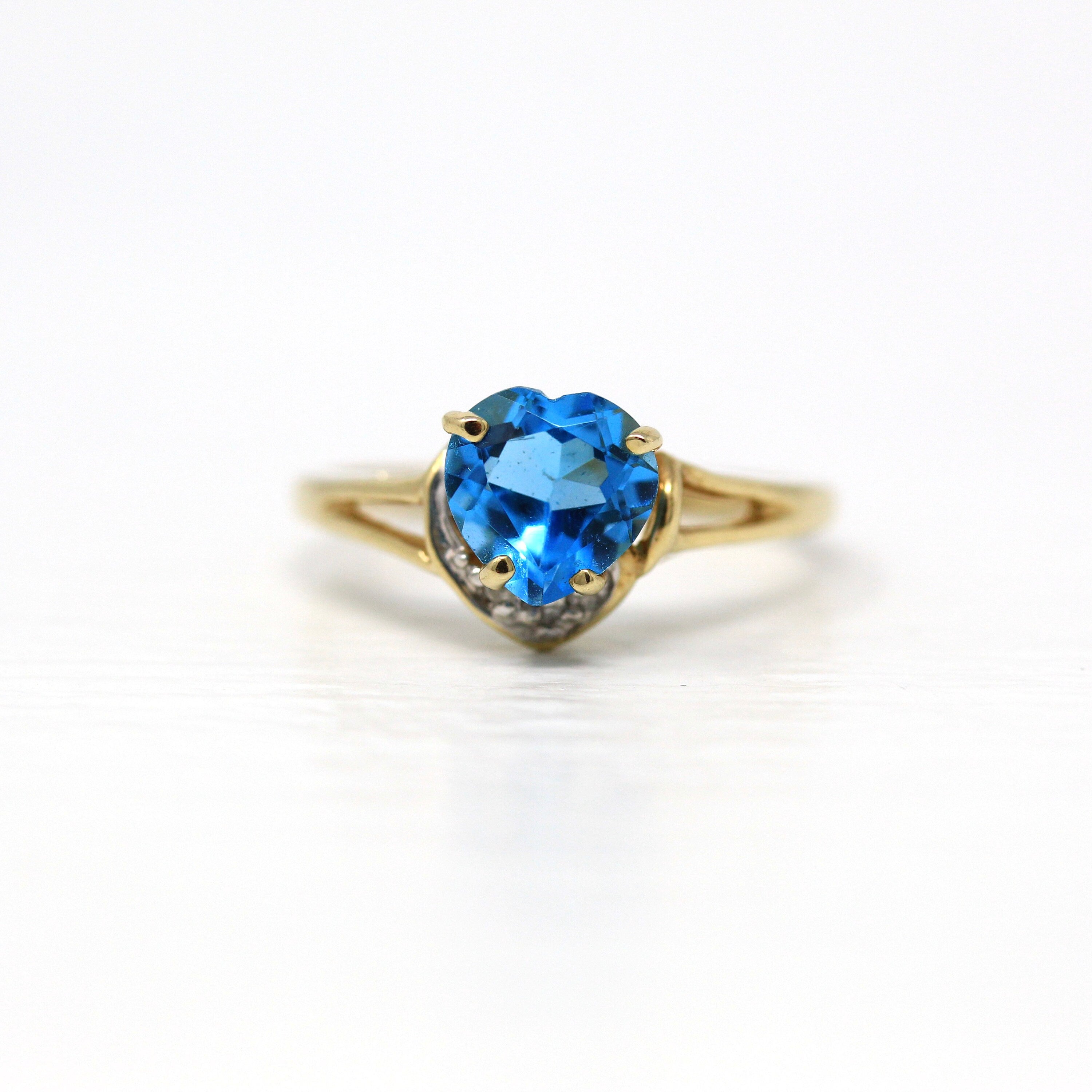 Sale - Blue Topaz Ring - Modern 10k Yellow Gold Genuine .02 CT Diamonds Heart Cut Gem - Estate Size 6 1/2 December Birthstone Fine Jewelry