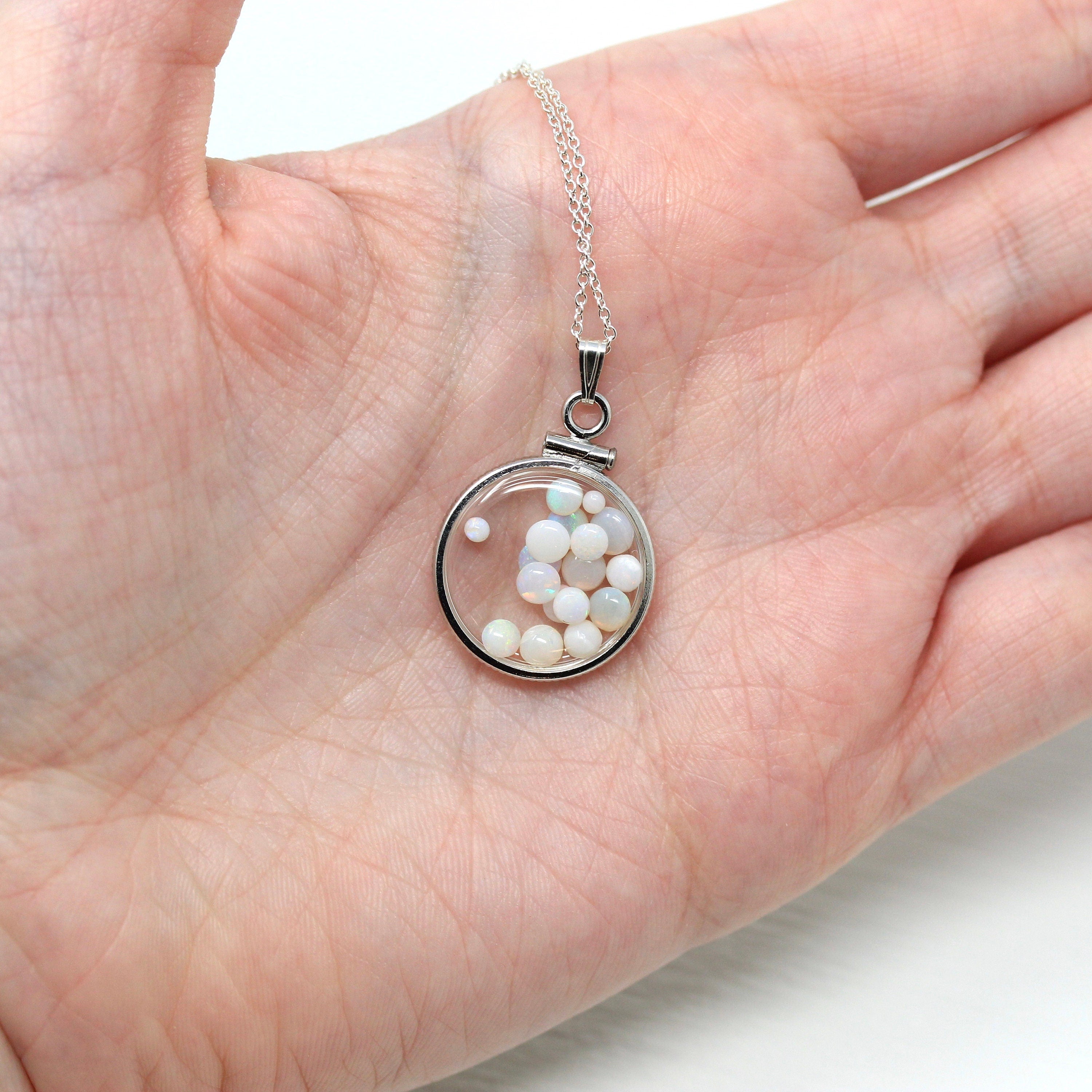 Opal Shaker Locket - Handcrafted Sterling Silver Lucite Clear Pendant Necklace Charm - October Birthstone Genuine 1.5 CTW Gemstones Jewelry